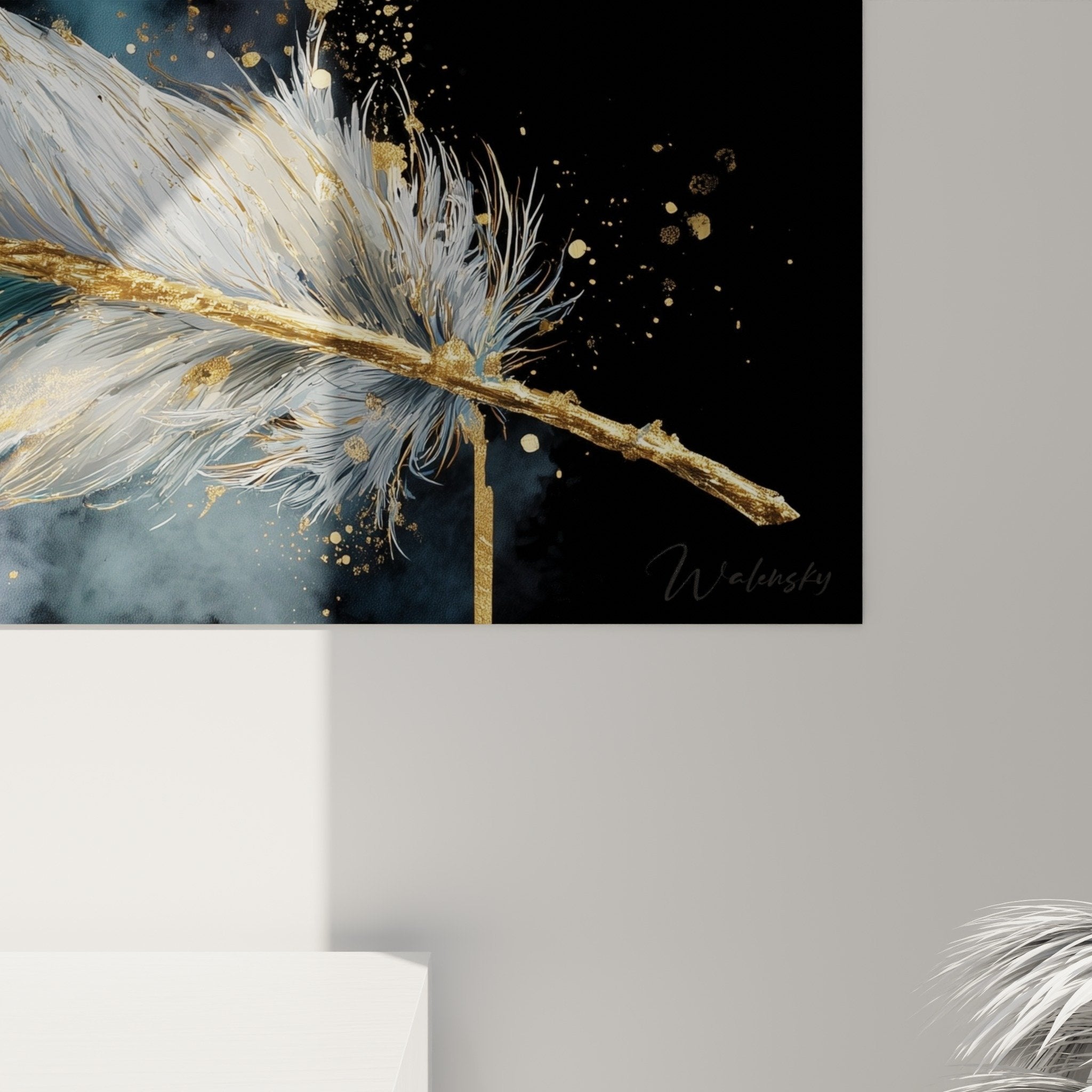 Vue ensemble tableau plume turquoise or format panoramique decoration murale contemporaine