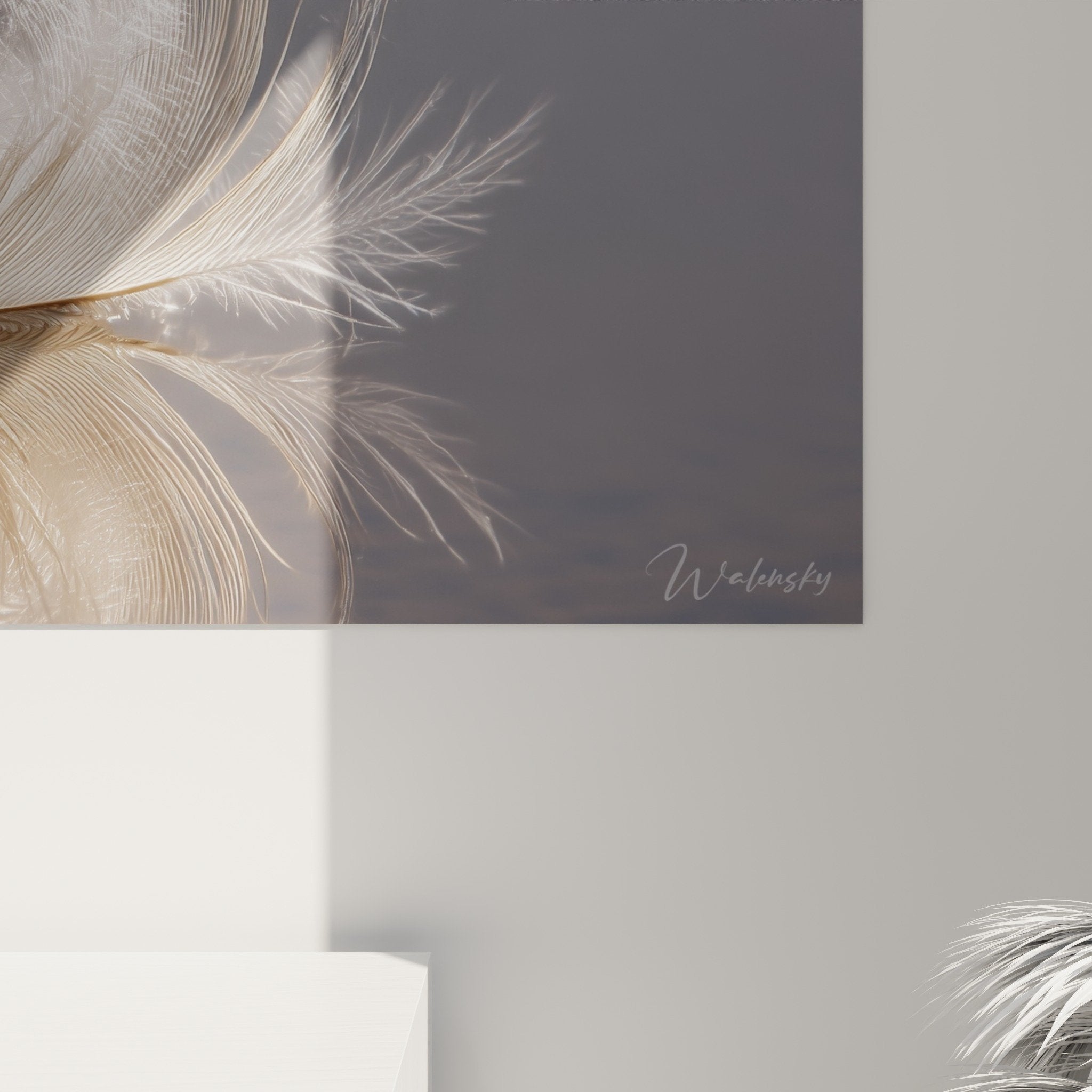 vue perspective tableau plume beige blanche reflet miroir décoration murale élégante