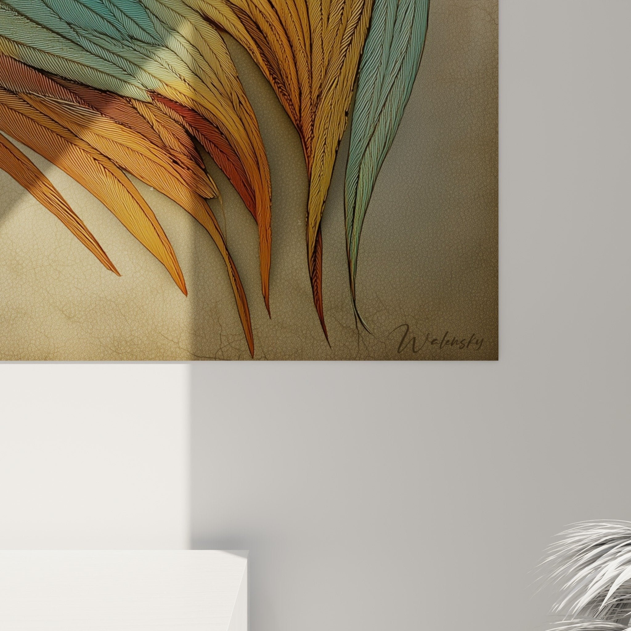 Vue ensemble tableau plume paon coloré salon moderne décoration murale élégante
