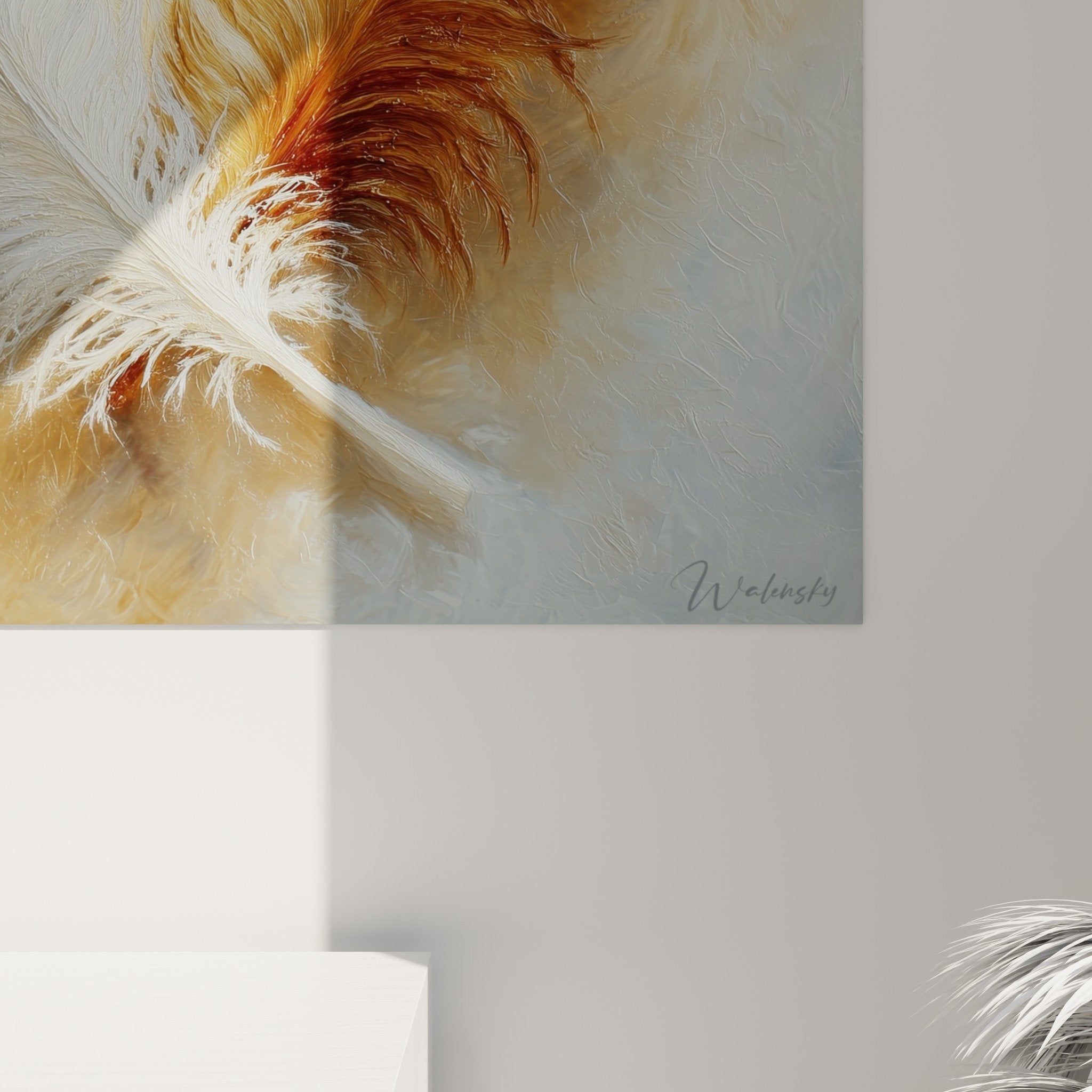 Vue ensemble tableau plumes decoration murale tons neutres beiges dores ambiance zen naturelle