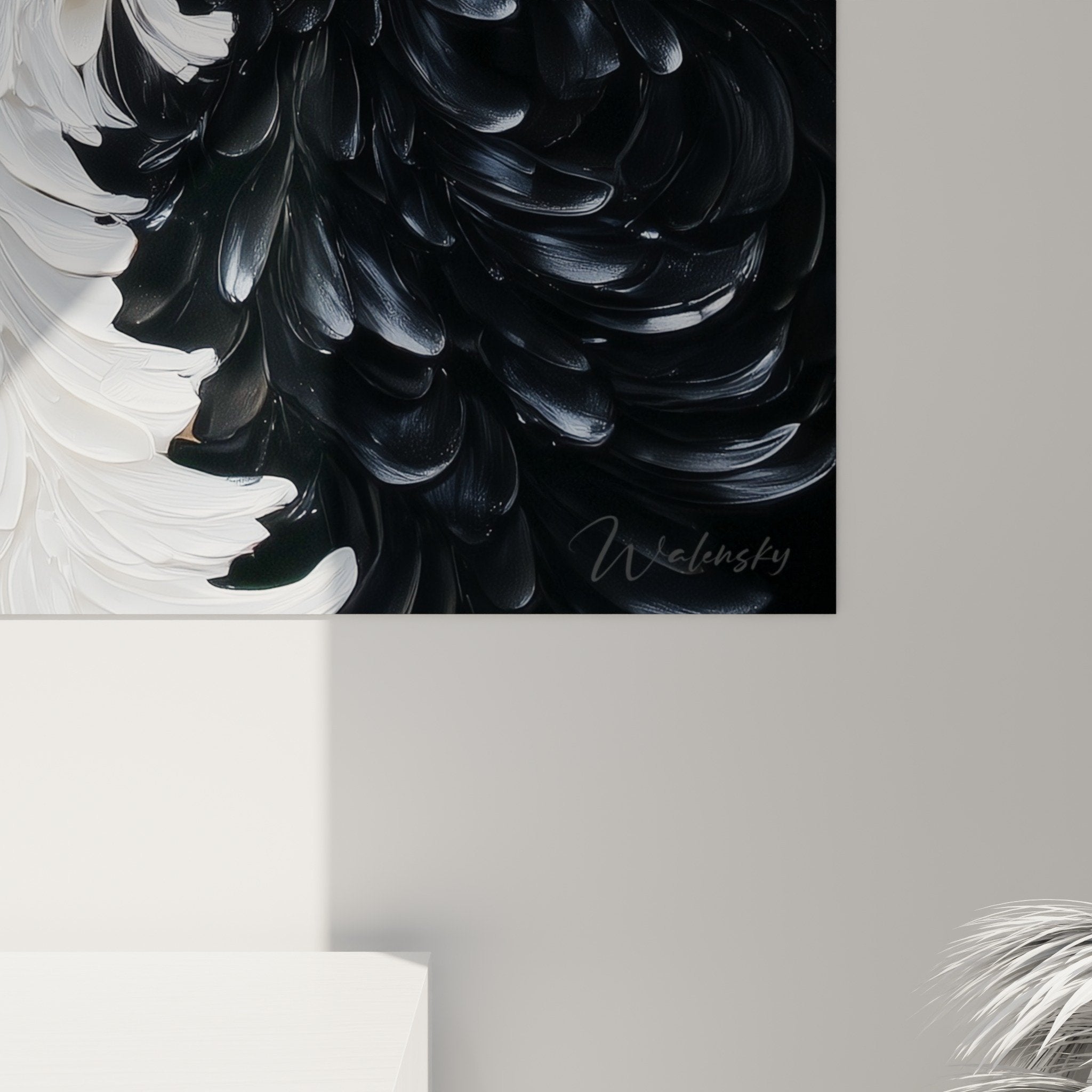 Full view of feather relief wall art in black and white interior decoration feng shui northwest metal