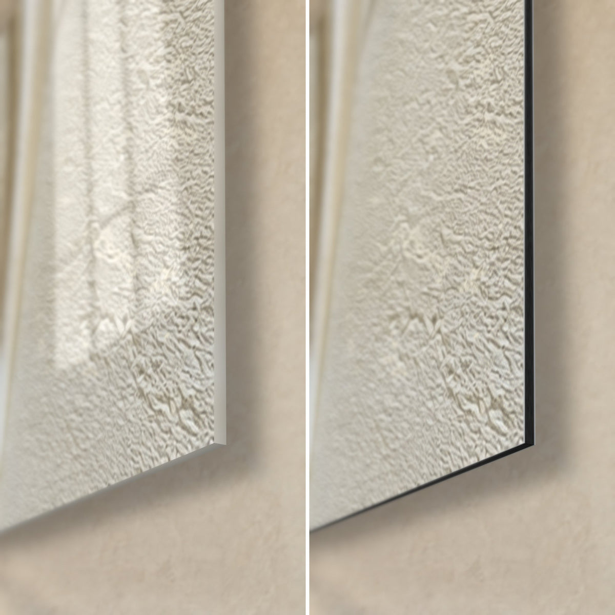 Quadro con piume in rilievo avorio e beige, angolo in basso a destra: vetro lucido con riflessi, Dibond opaco, bordo nero da 3 mm