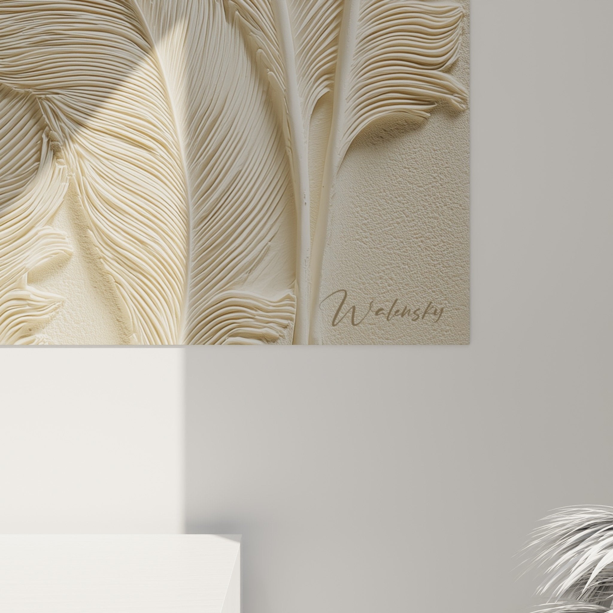 vue ensemble tableau plumes relief beige décoration murale végétale art contemporain naturel