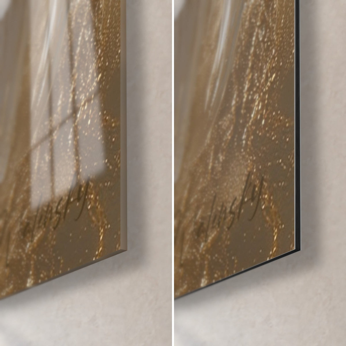 Wall art pearlescent feather barbs, bottom right corner: glossy acrylic glass on the left, matte Dibond and black edge on the right