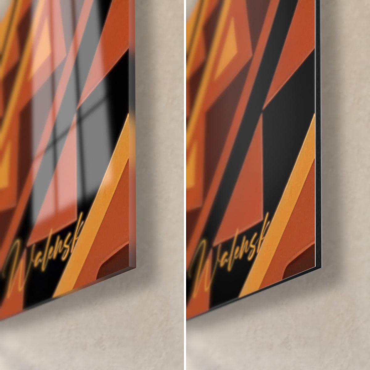 Schilderij van een hondenkop met oranje en zwarte zigzaglijnen, rechteronderhoek: glanzend acrylglas links, mat Dibond rechts