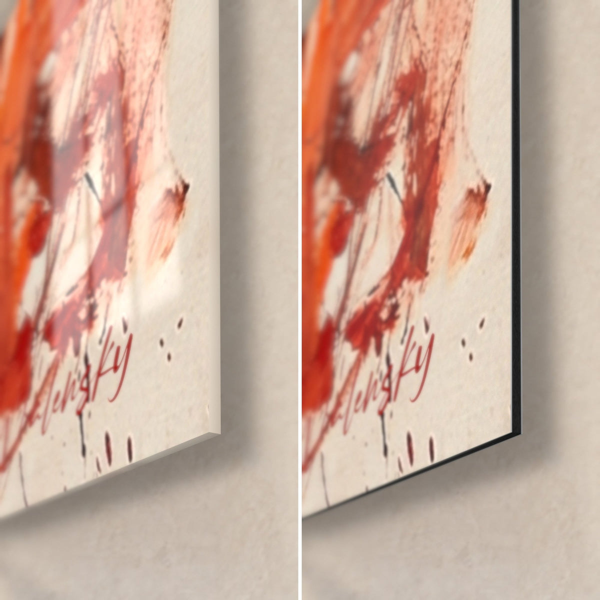 Quadro di un branco di pointer in rosso e arancio, angolo in basso a destra: vetro acrilico lucido con riflessi, Dibond opaco, spessore del bordo 3 mm