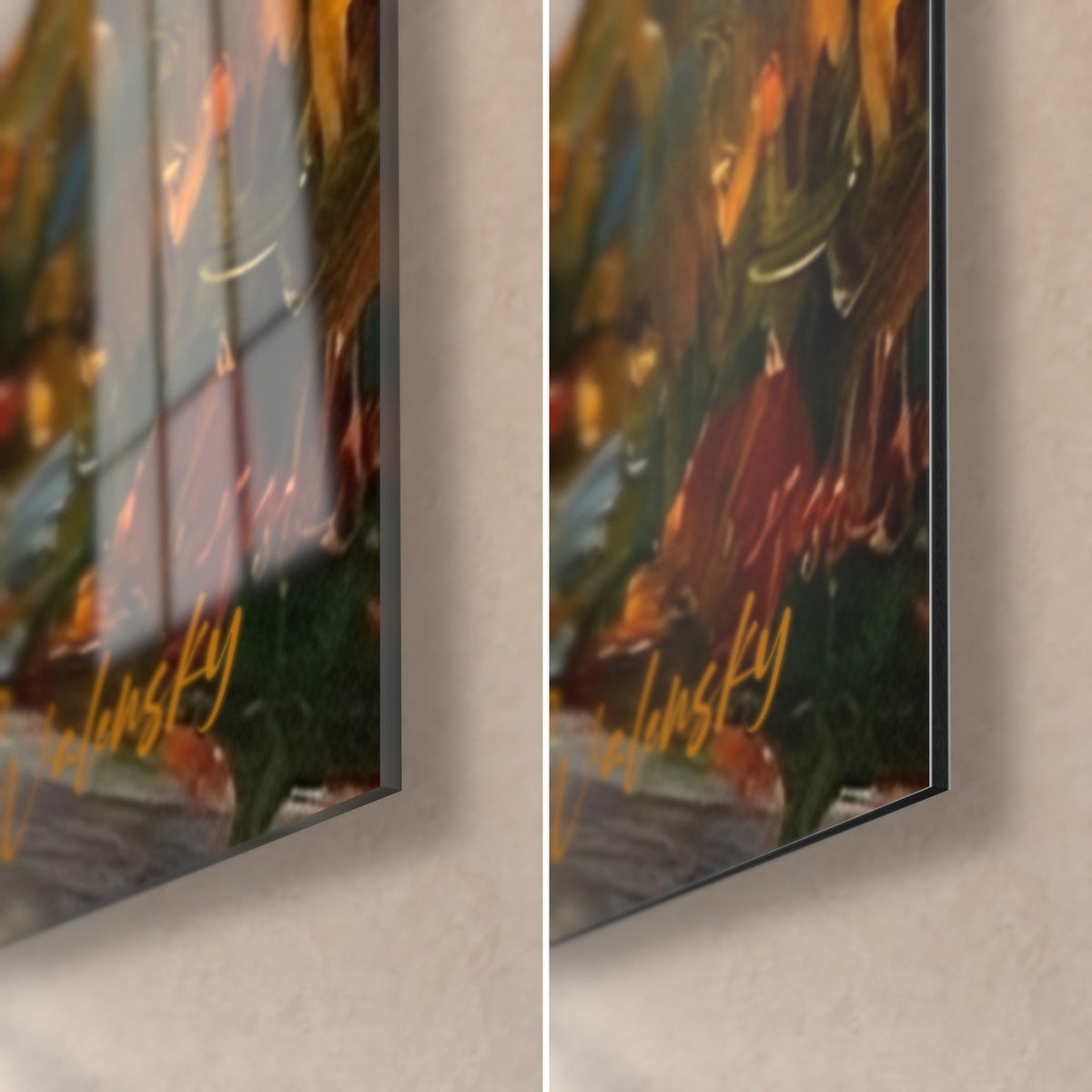 Gemälde eines Pointers, untere rechte Ecke: glänzendes Acrylglas links, matter Alu-Dibond rechts, 3 mm Kante sichtbar