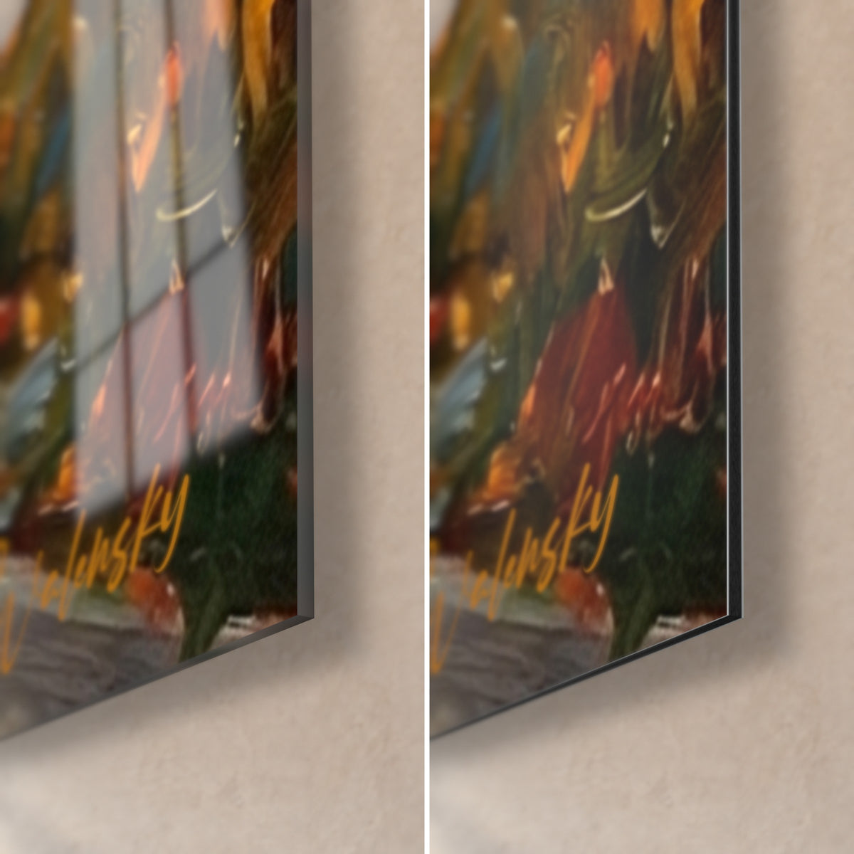 Gemälde eines Pointers, untere rechte Ecke: glänzendes Acrylglas links, matter Alu-Dibond rechts, 3 mm Kante sichtbar