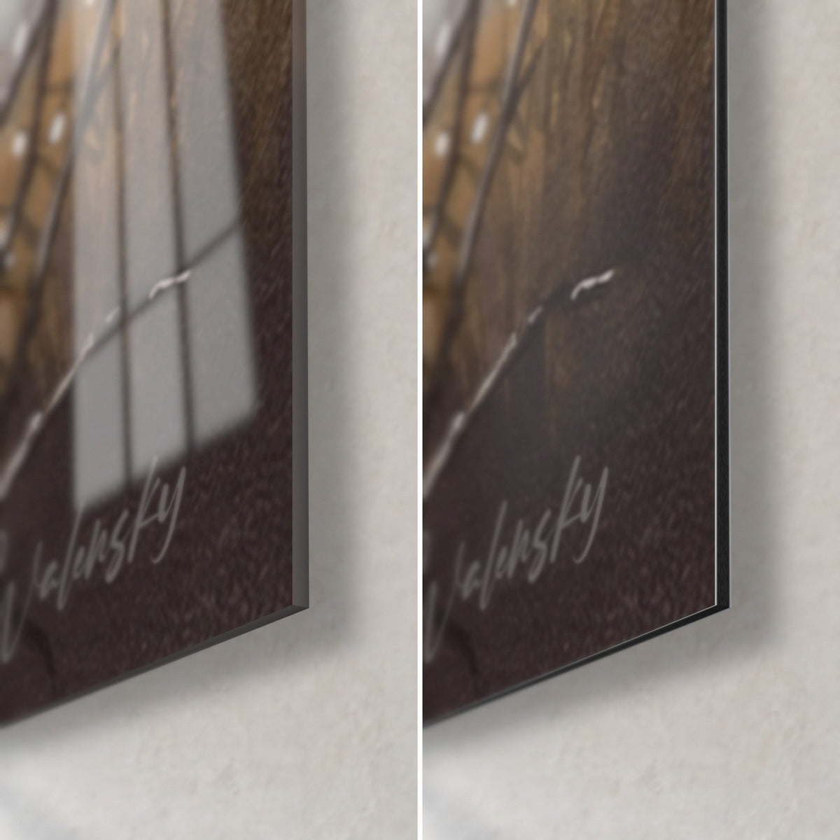 Gemälde brauner Pointer im dichten Nebel, untere rechte Ecke: glänzendes Acrylglas mit Spiegelung des Fensters, mattschwarzes Alu-Dibond, Signatur Walensky