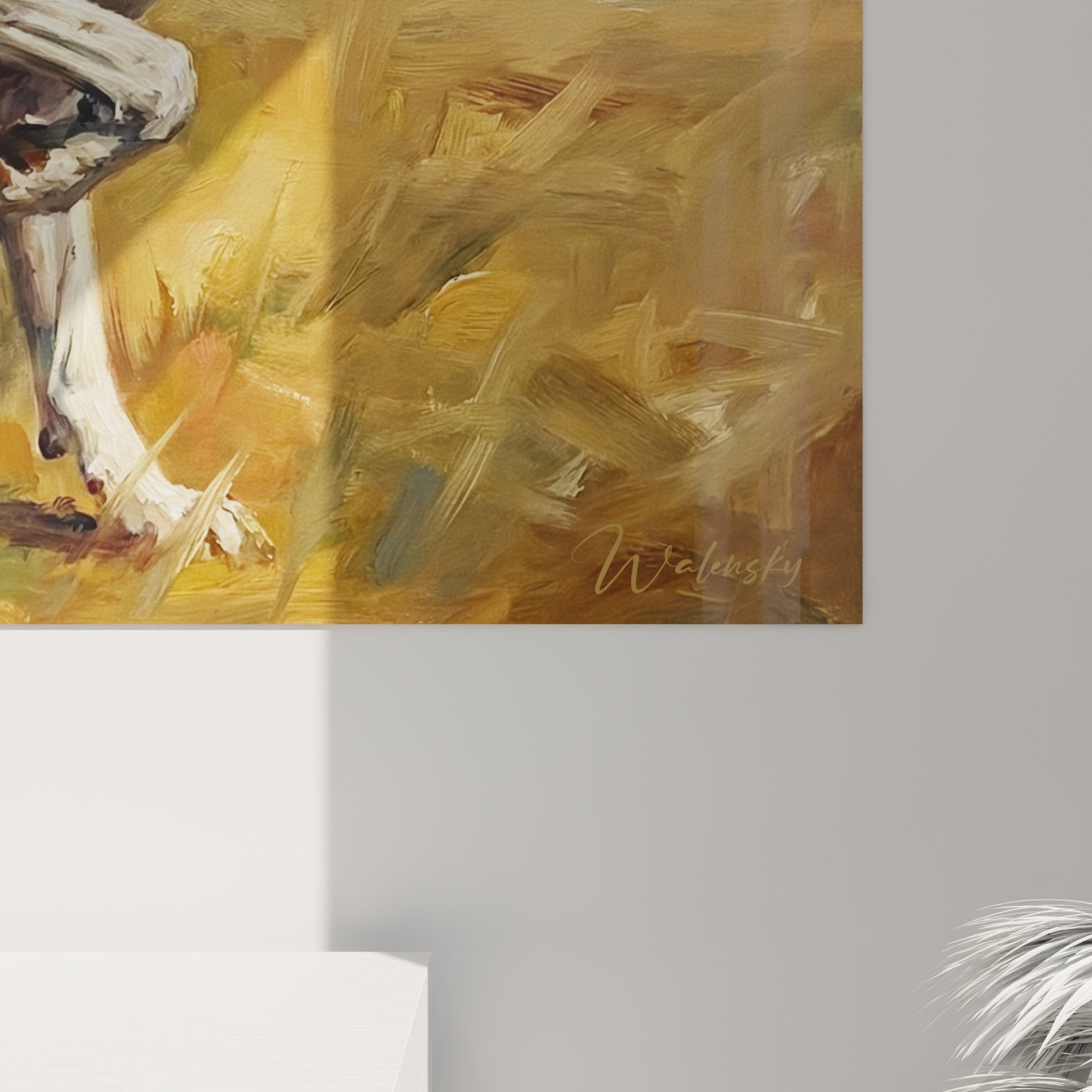 Vue ensemble tableau Pointer Anglais prairie doree ciel bleu composition equilibree art animalier contemporain