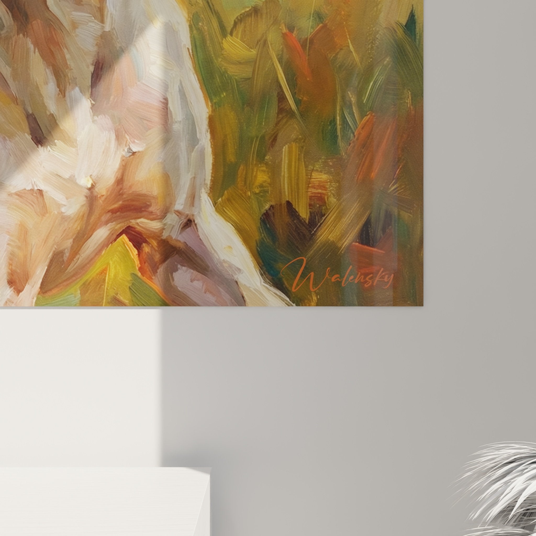 Vista d'insieme del quadro Pointer Inglese in prateria dorata composizione impressionista cane lingua fuori gioia