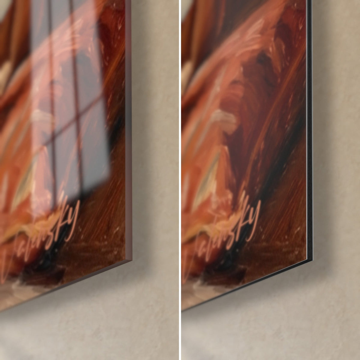 Tableau chien blanc tacheté de brun, signature rouille en bas à droite : verre acrylique brillant reflétant la fenêtre, Dibond mat