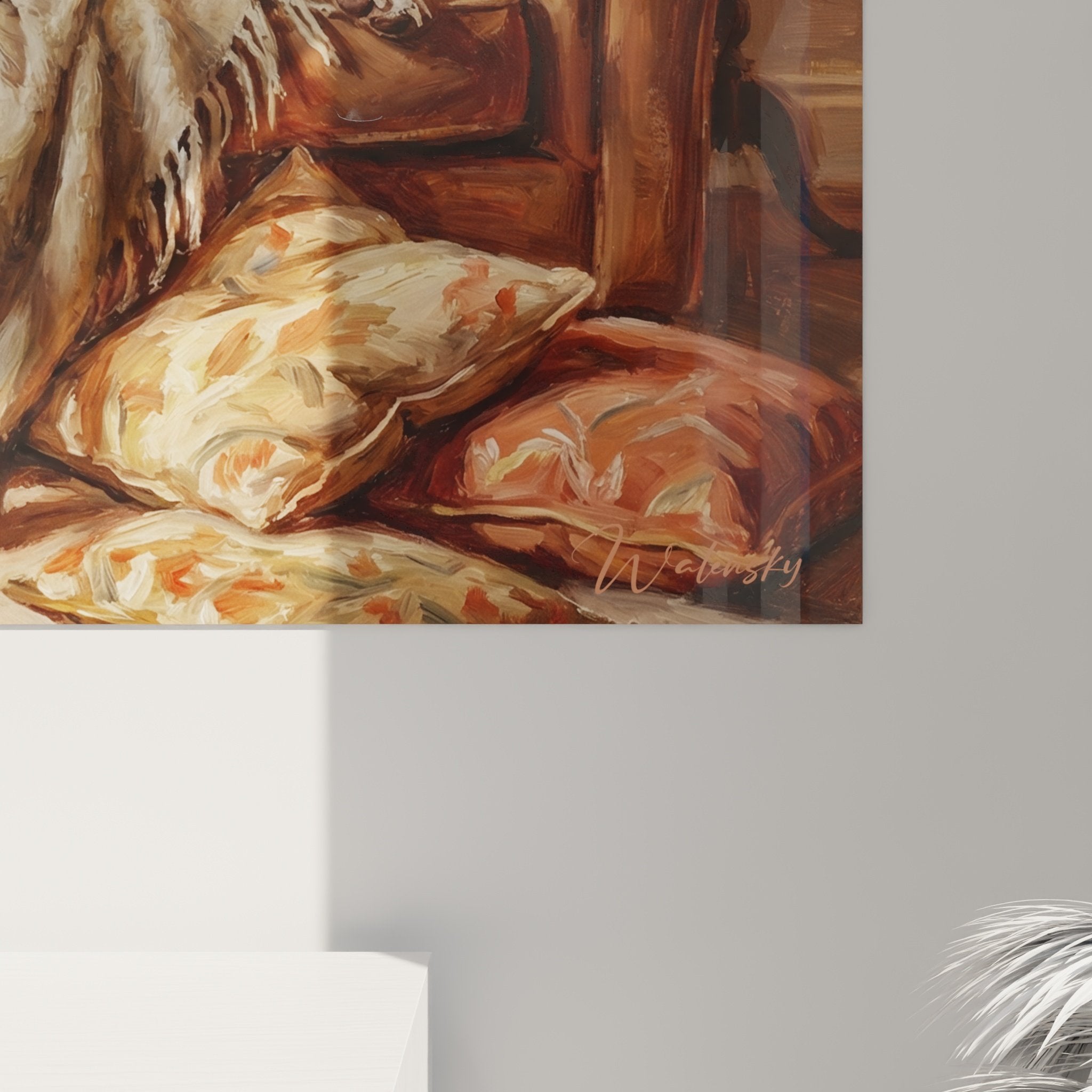 Vista d'insieme quadro English Pointer salotto borghese, decorazione murale atmosfera soffusa dorata