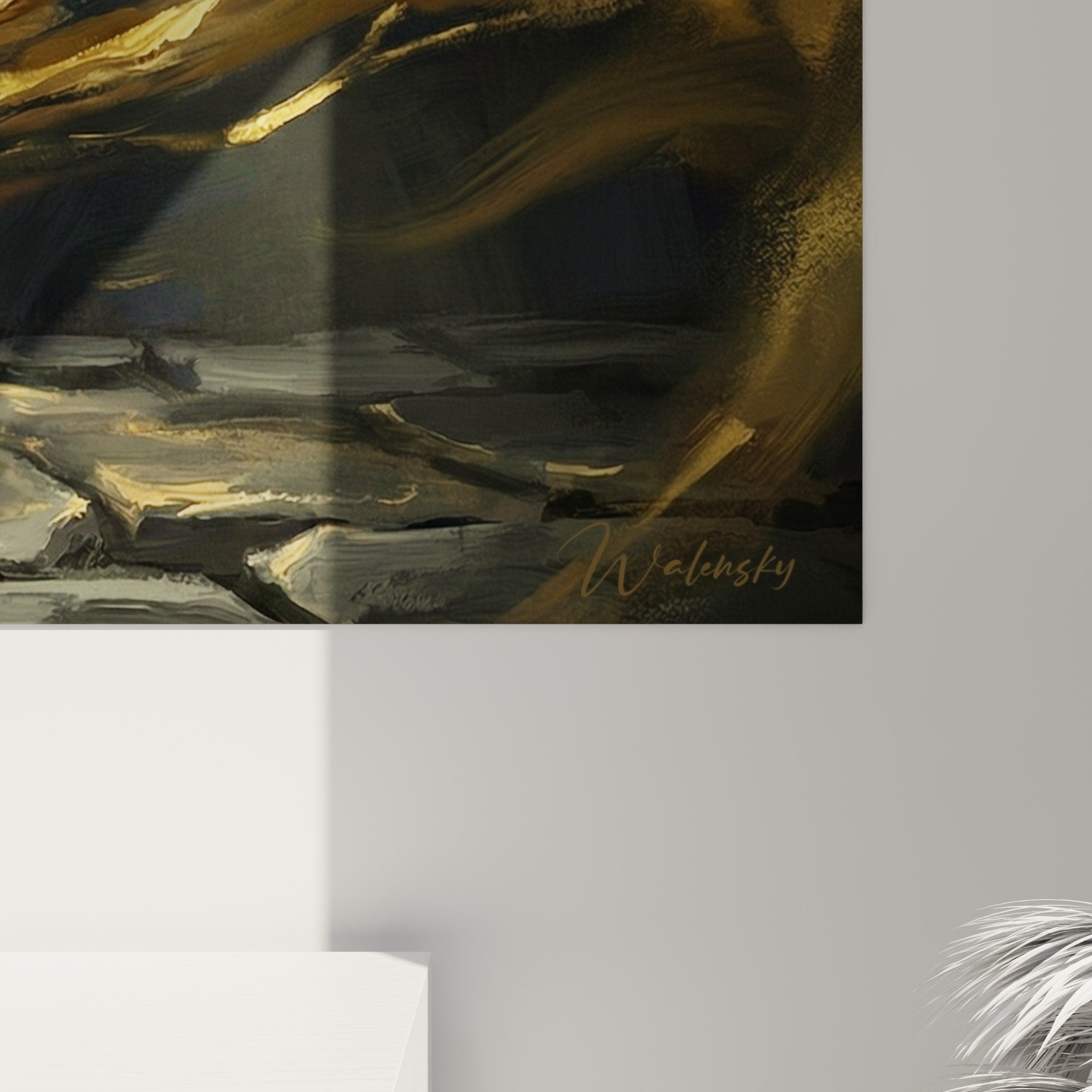 Overall view of wall art vase porcelain swirl gold palette blue gold gray interior decoration