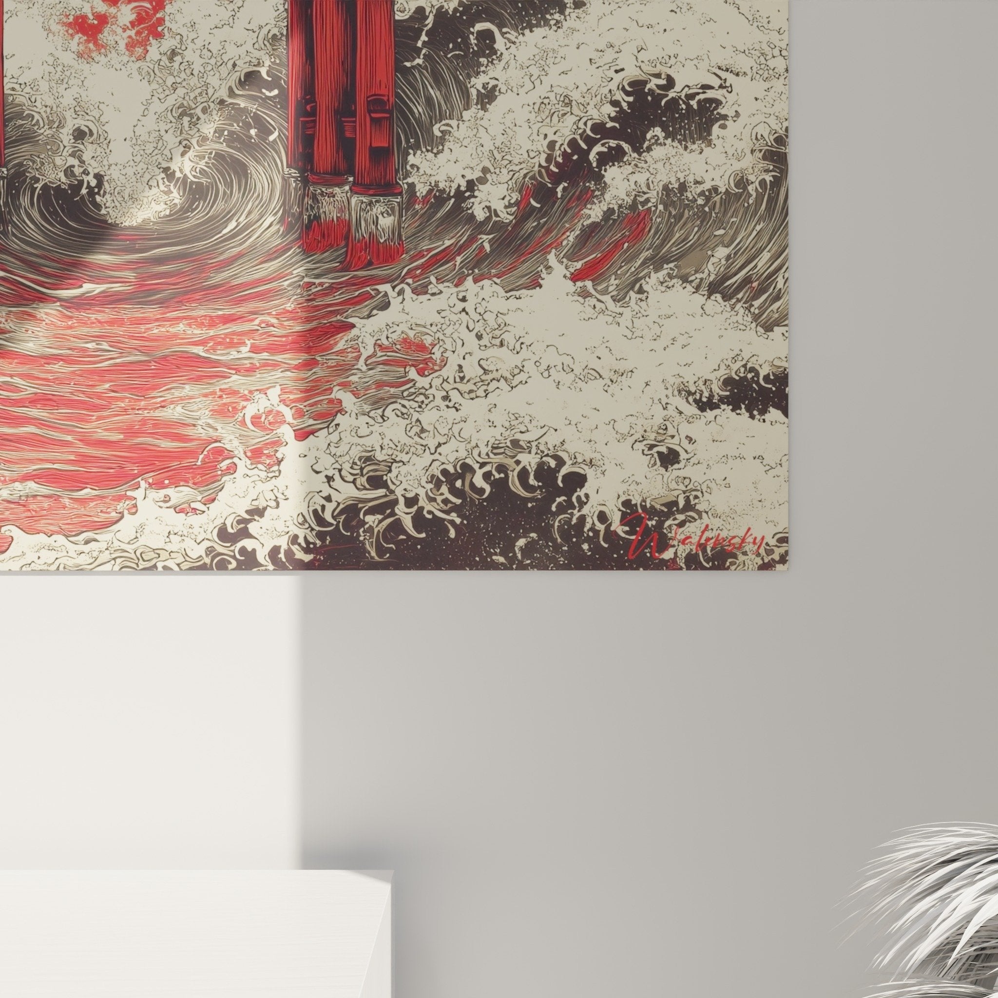 Vue ensemble tableau portail japonais rouge vagues tourbillonnantes décoration intérieur style zen