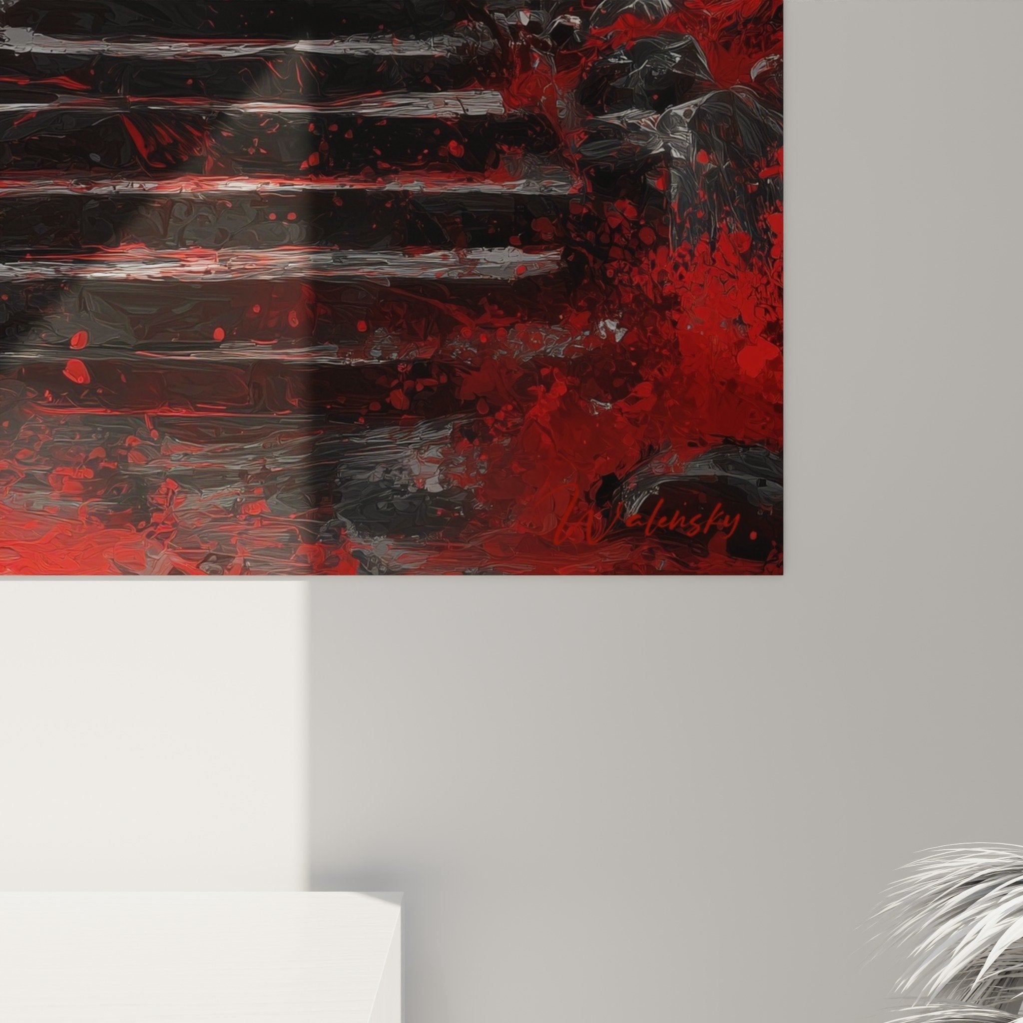 Full view red Japanese gate painting grey mountains modern zen interior decoration