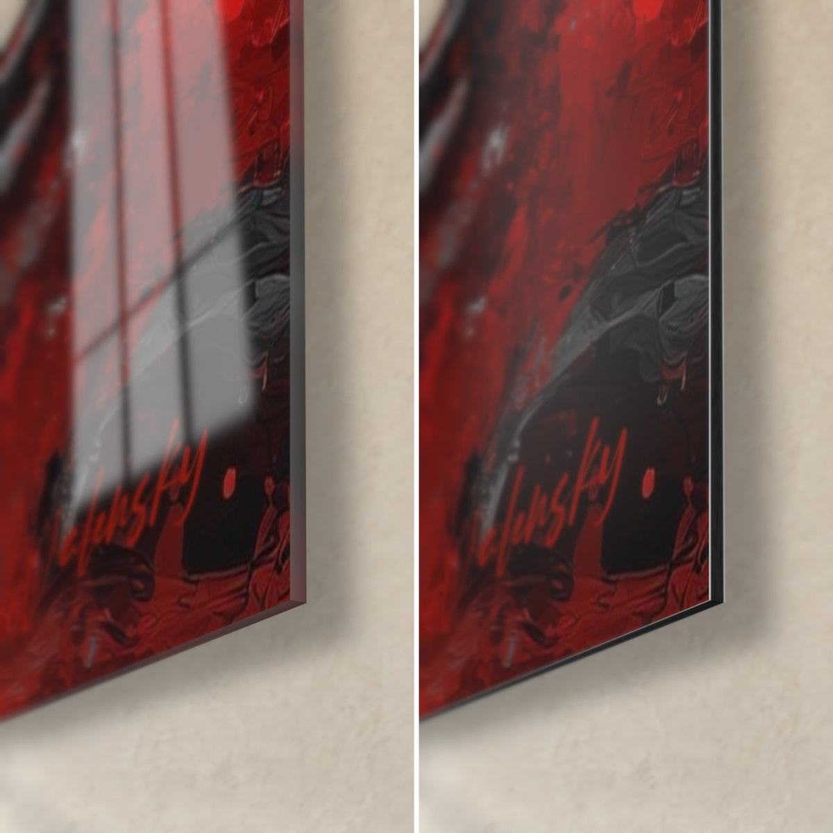 Schilderij Vermiljoenkleurige poort met rode spatten, glanzende glazen hoek rechtsonder die het raam weerspiegelt, rechts mat Dibond-aluminium