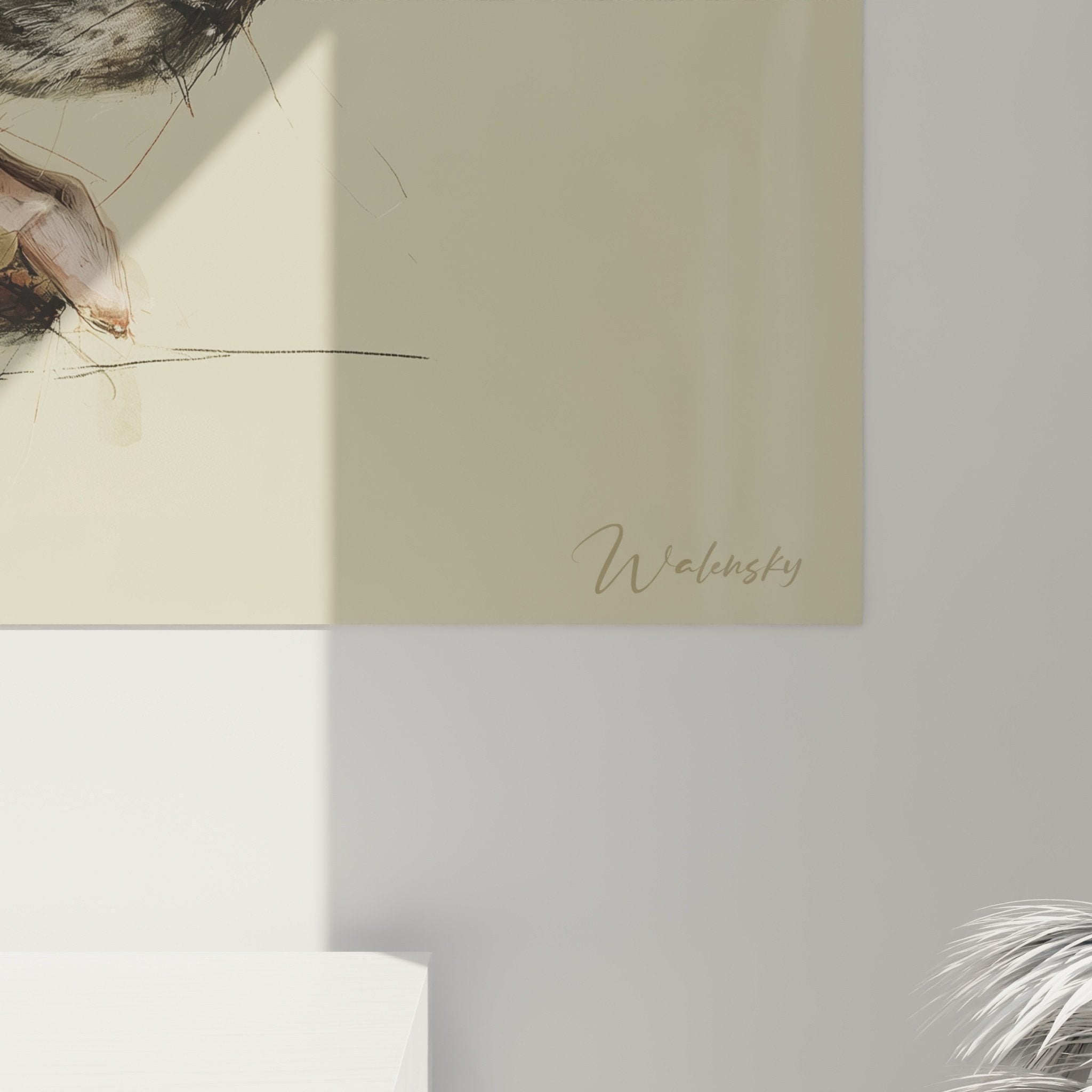 Vue ensemble tableau portrait canin esquisse moderne tons naturels decoration interieure style contemporain