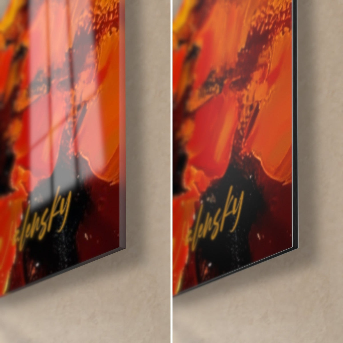 Schilderij veld met oranje en rode klaprozen, rechterbenedenhoek, glanzend acrylglas links, mat Dibond-aluminium rechts, randdikte 3 mm
