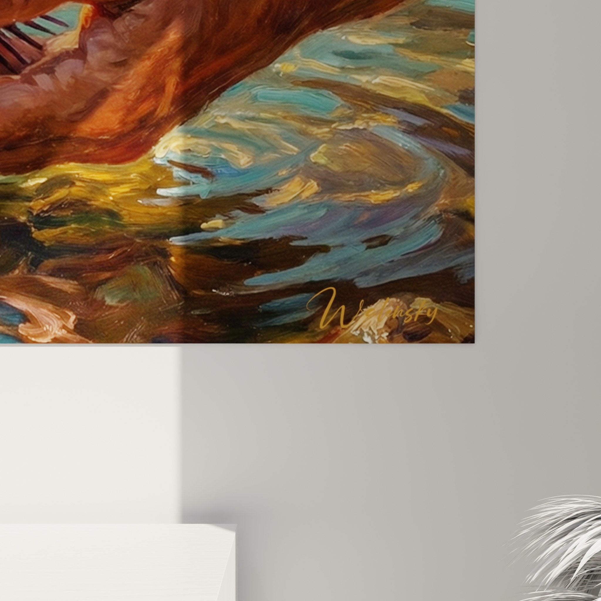 Vue ensemble tableau protection oursin marin, composition artistique tons turquoise violet décoration murale