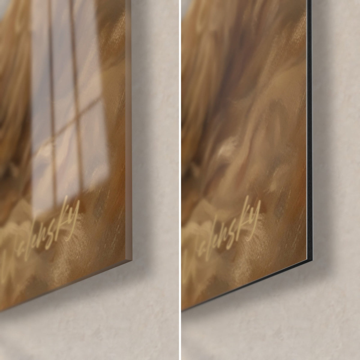 Tableau berger et chien puli en lumière dorée, coin bas droit : verre acrylique brillant à gauche, Dibond mat gris à droite, tranche de 3 mm