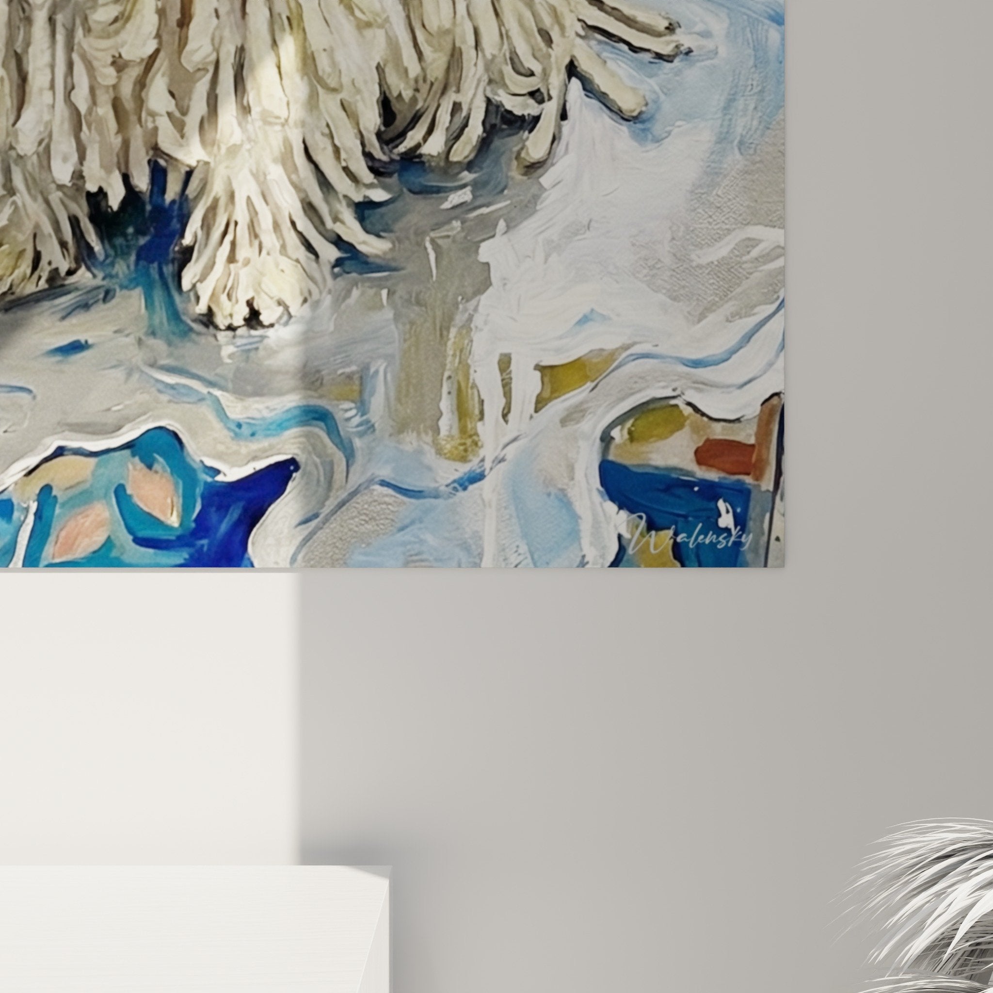Vista d'insieme quadro Puli cane bianco sfondo colorato astratto decorazione artistica moderna