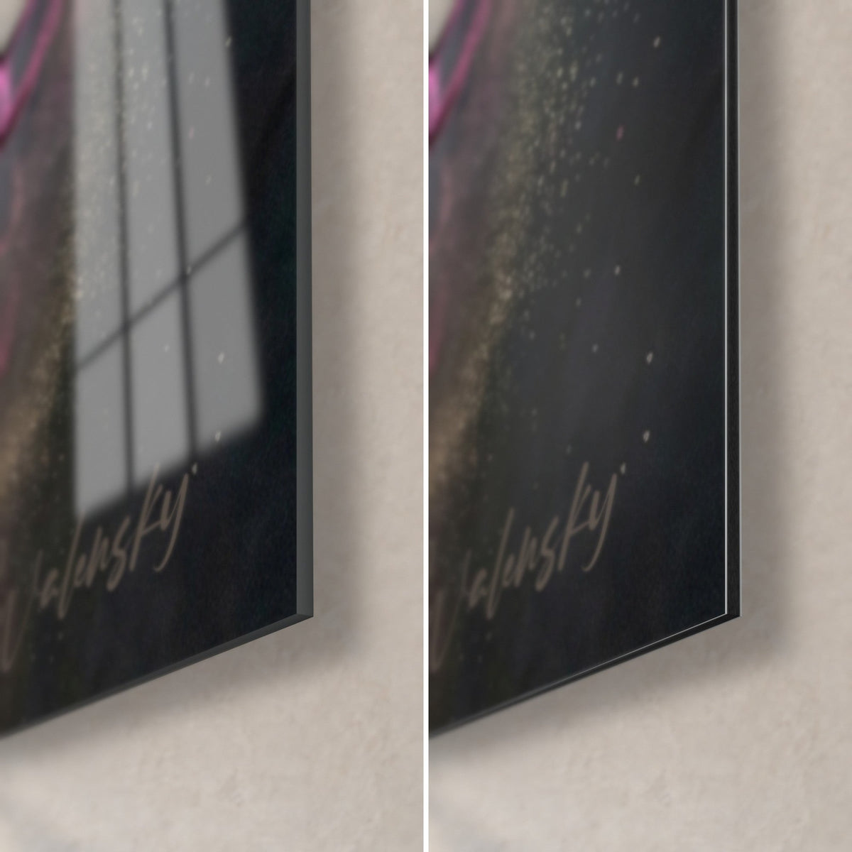 Quadro di muso nero di puli, polvere dorata e bordo nero di 3 mm, angolo in basso a destra in vetro lucido e Dibond opaco
