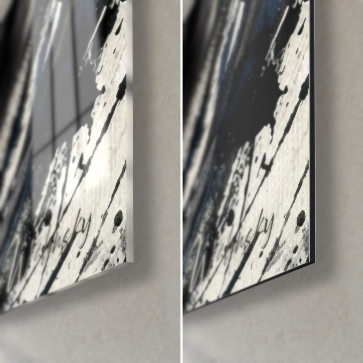 Gemälde Hundeporträt in schwarzem und cremefarbenem Wirbel, unten rechts: glänzendes Acrylglas links, mattes Dibond-Aluminium rechts