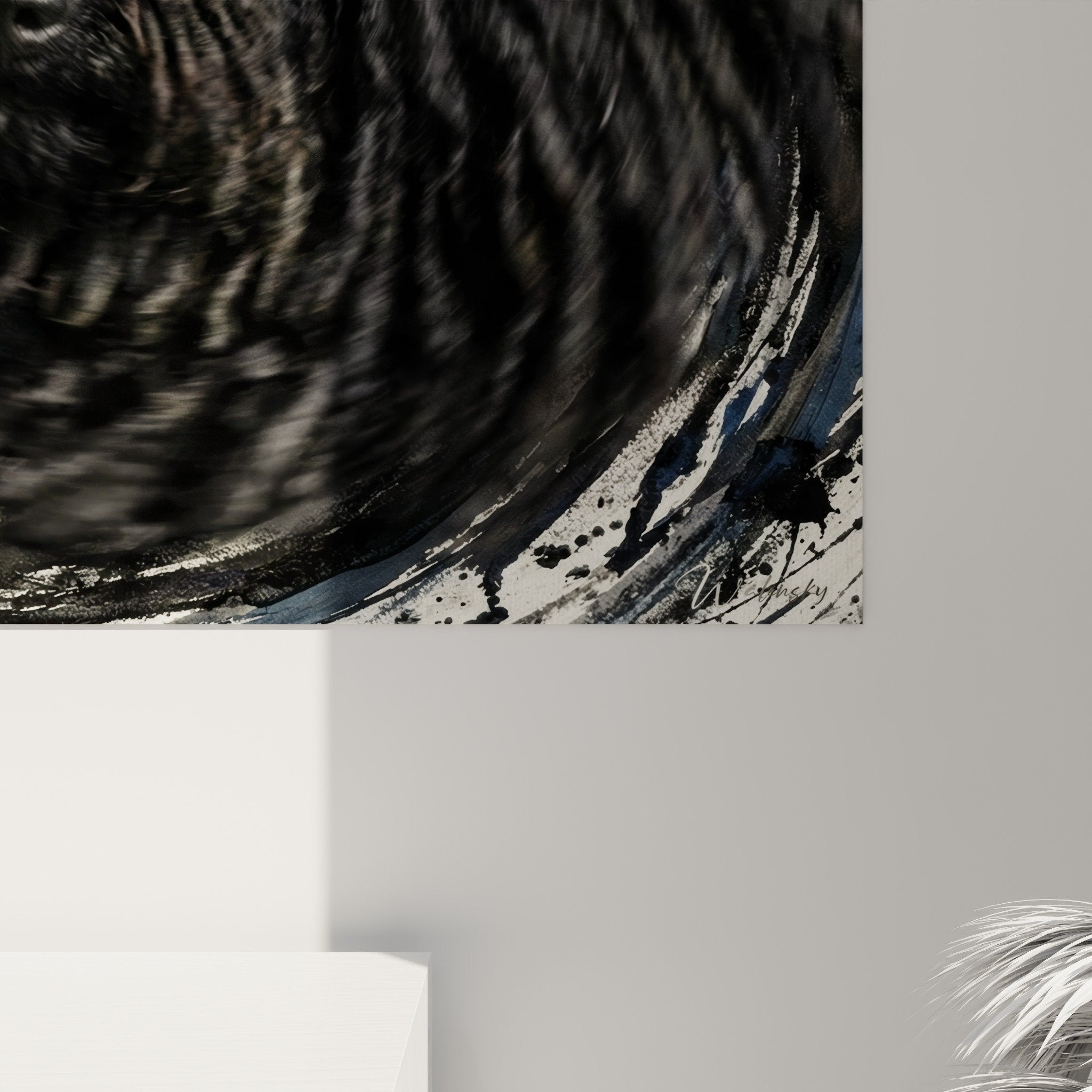 Vue ensemble tableau Puli tourbillon artistique composition spirales grises bleues portrait contemporain