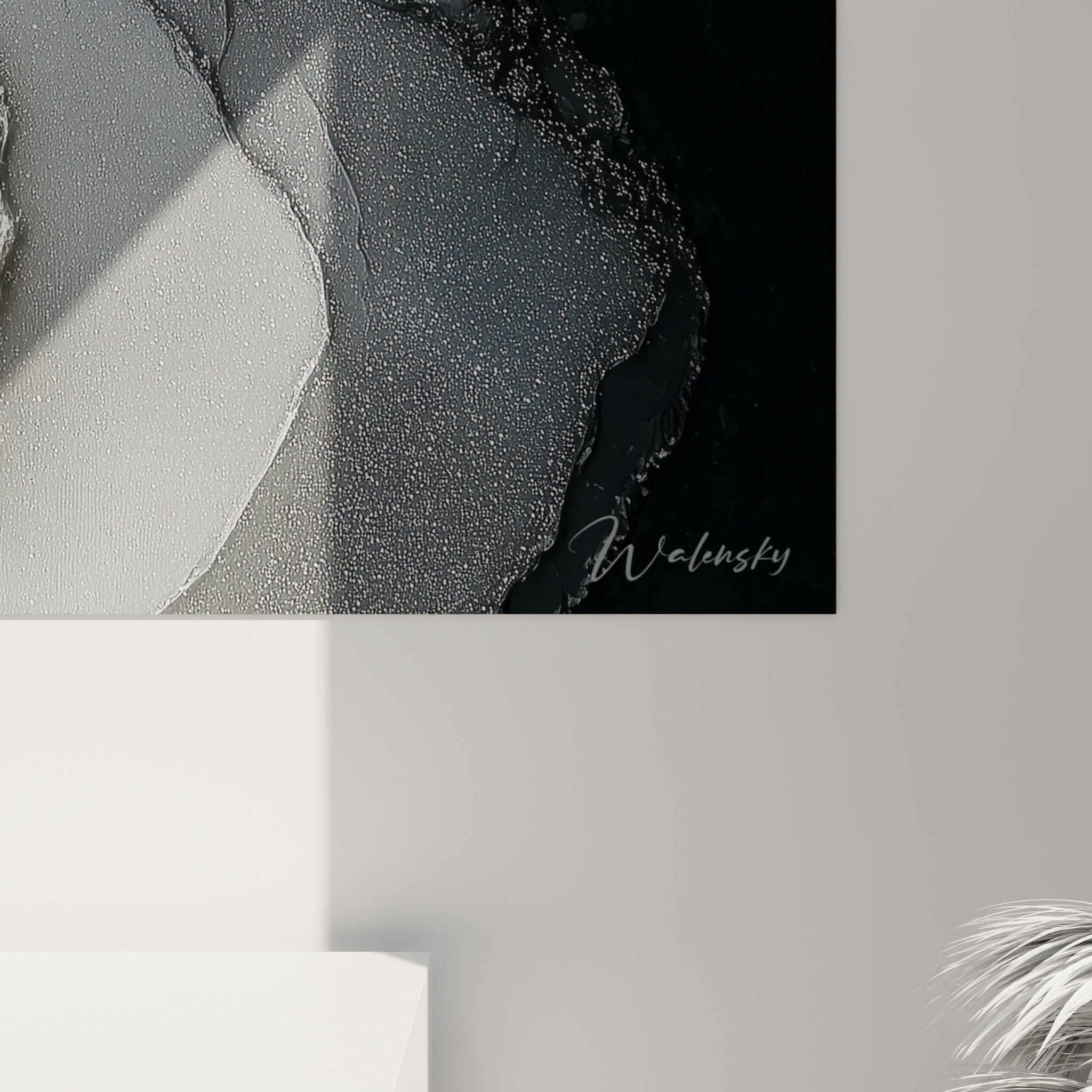 Vue perspective tableau abstrait relief blanc gris decoration murale feng shui metal