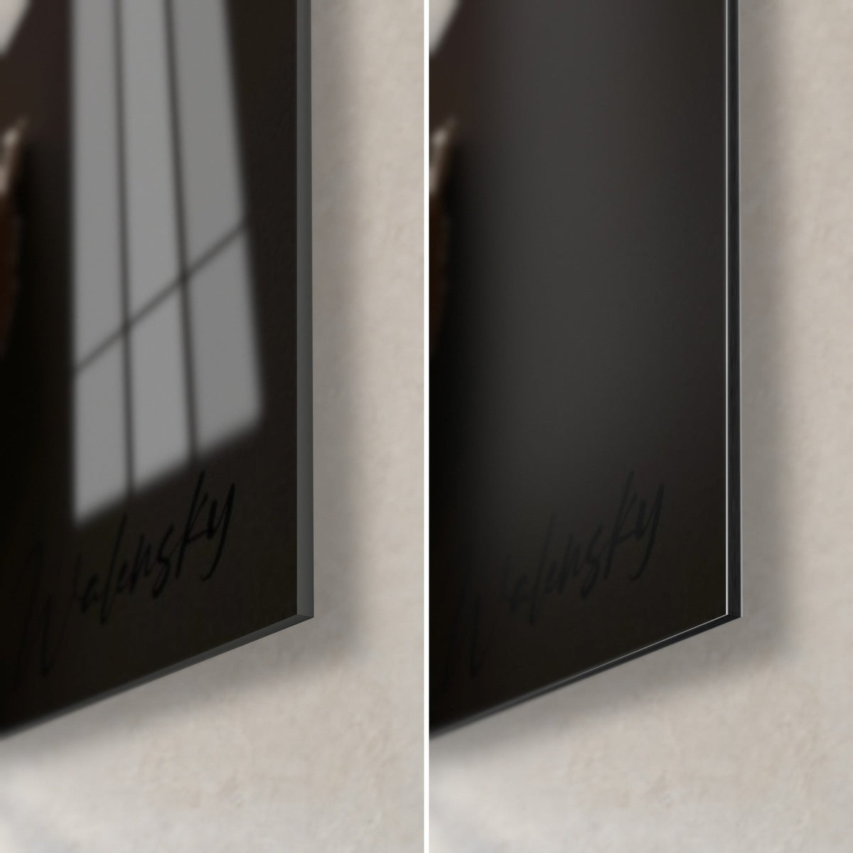 Gemälde geschnitzte beige Materialien, untere rechte Ecke: glänzendes Acrylglas links, mattschwarzes Dibond rechts, 3 mm Kante