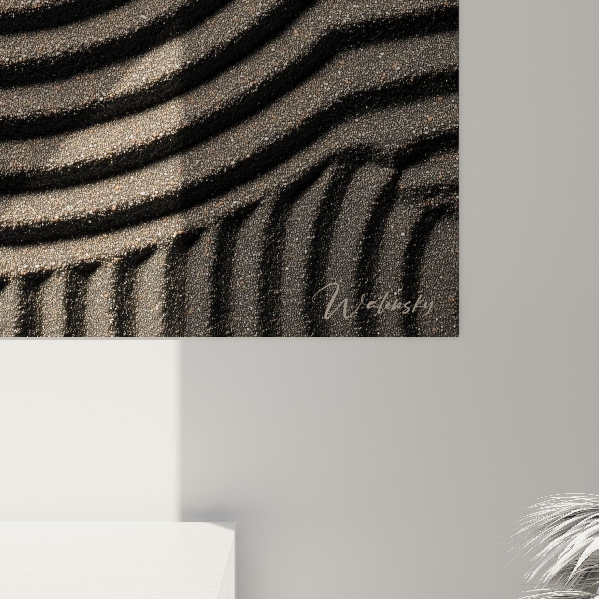 vue perspective tableau relief spirales sable beige brun sculpture murale decoration interieur moderne