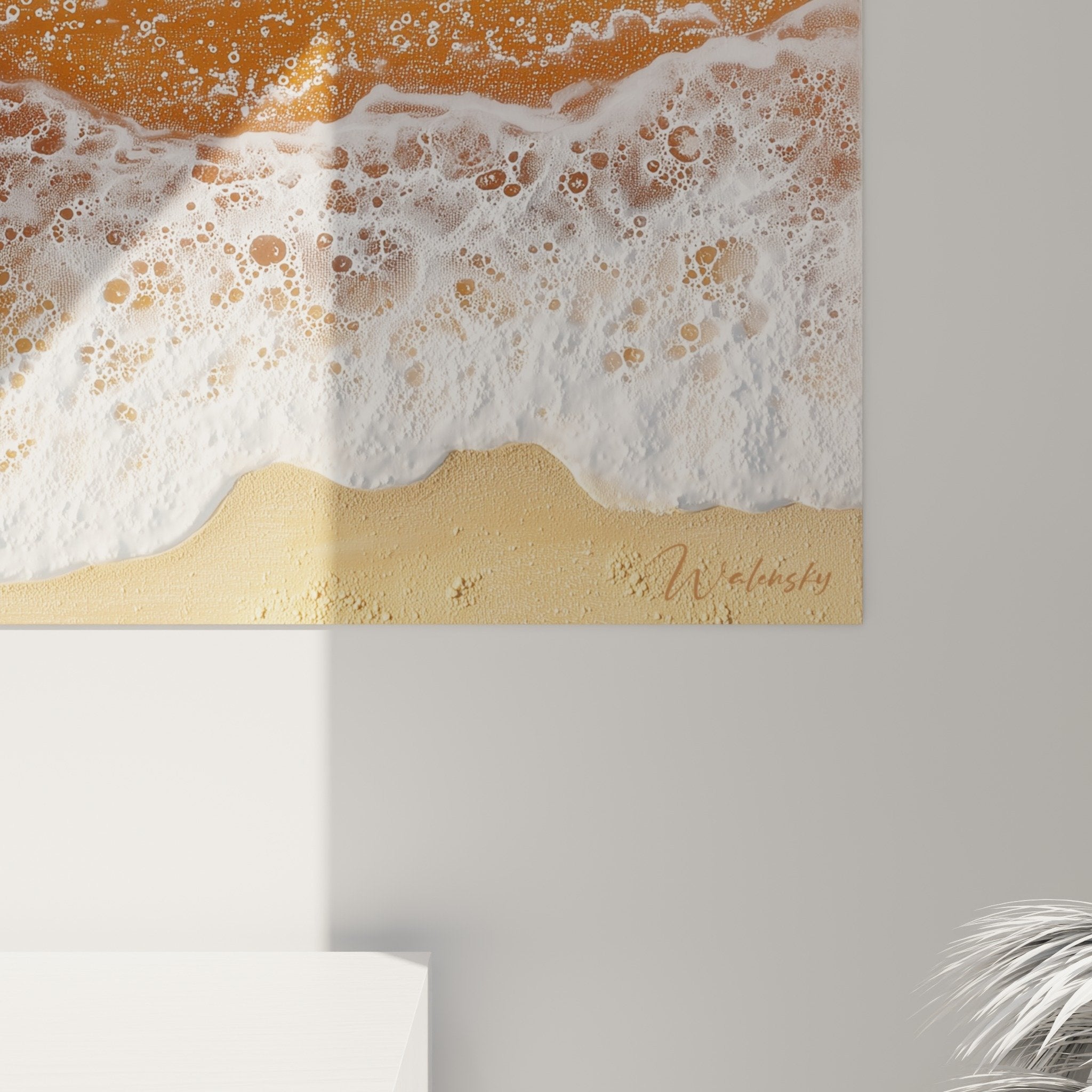 Vue ensemble tableau rivage doré vagues blanches décoration murale