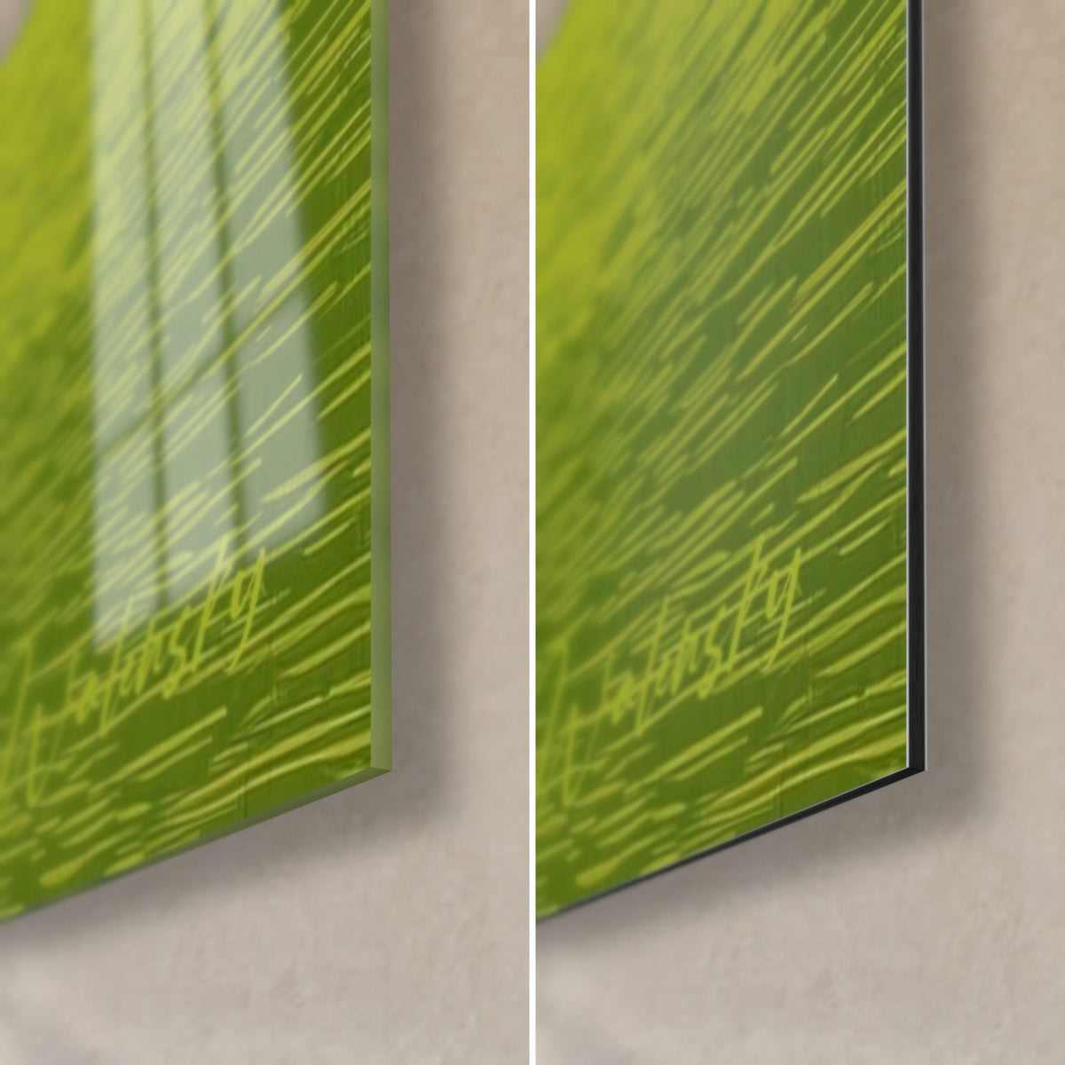 Gemälde Steingarten als Linolschnitt, rechte untere Ecke chartreusegrün, glänzendes Glas mit Reflexen, mattschwarzes Dibond-Aluminium und 3 mm Kantenstärke