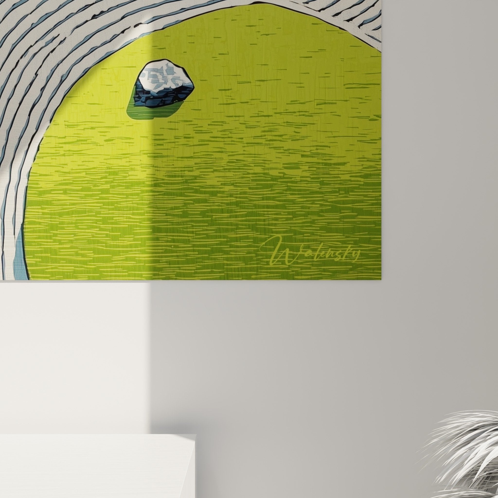 full view abstract river painting blue turquoise green chartreuse wall art sand edition
