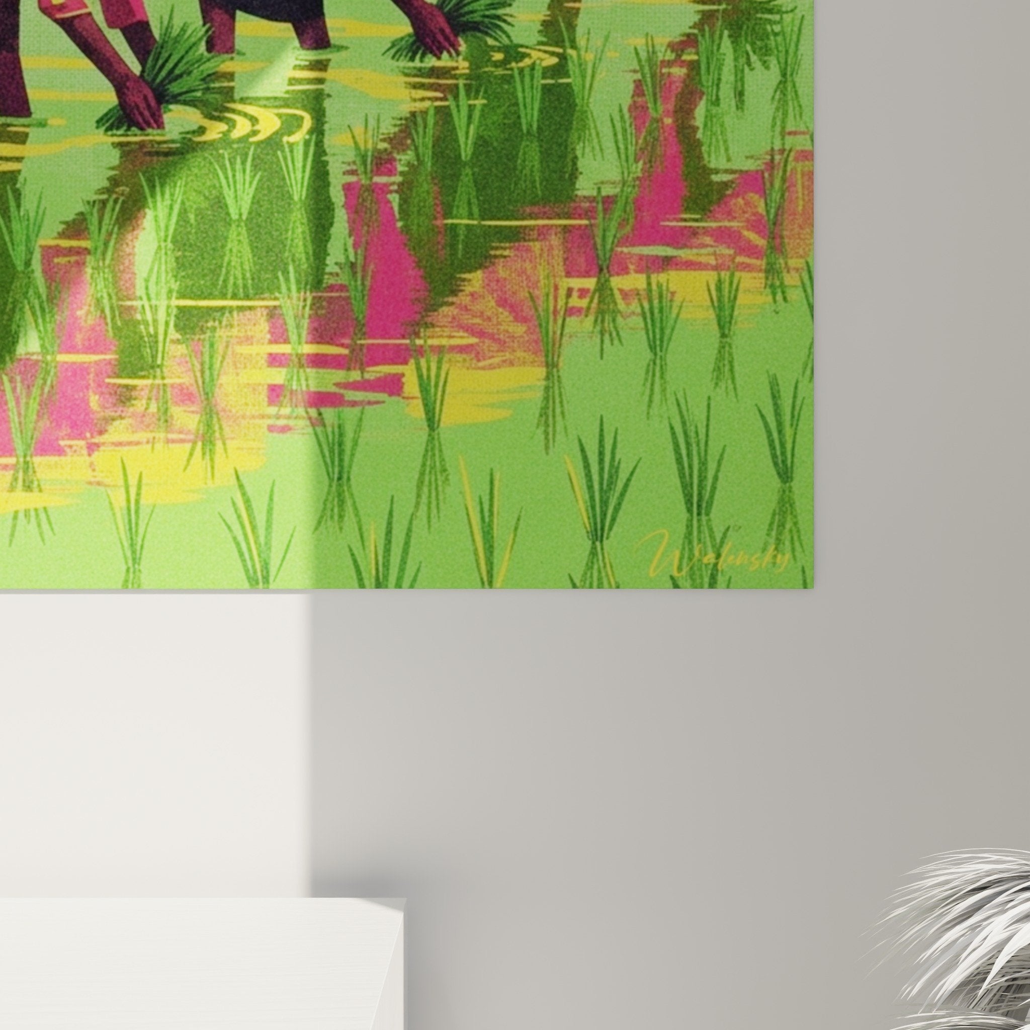 Gesamtansicht Reisfelder-Gemälde farbig modernes Wohnzimmer Wanddekoration zeitgenössische asiatische Kunst