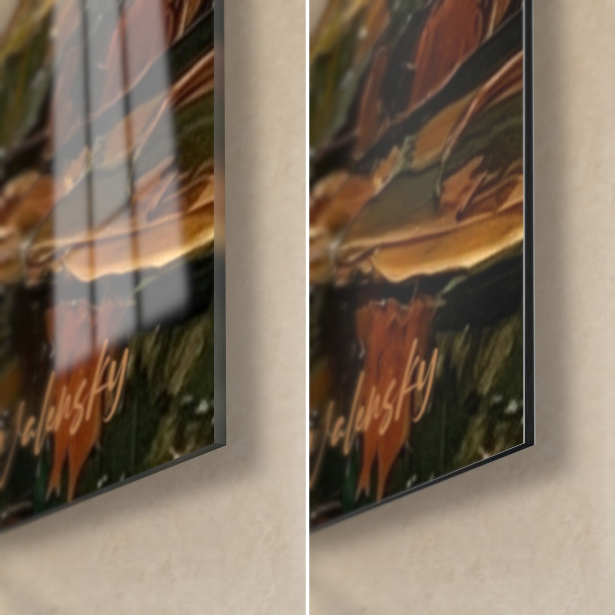 Wall art rice field landscape in thick impasto, glossy glass corner reflecting orange at bottom right and matte Dibond, 3 mm thickness