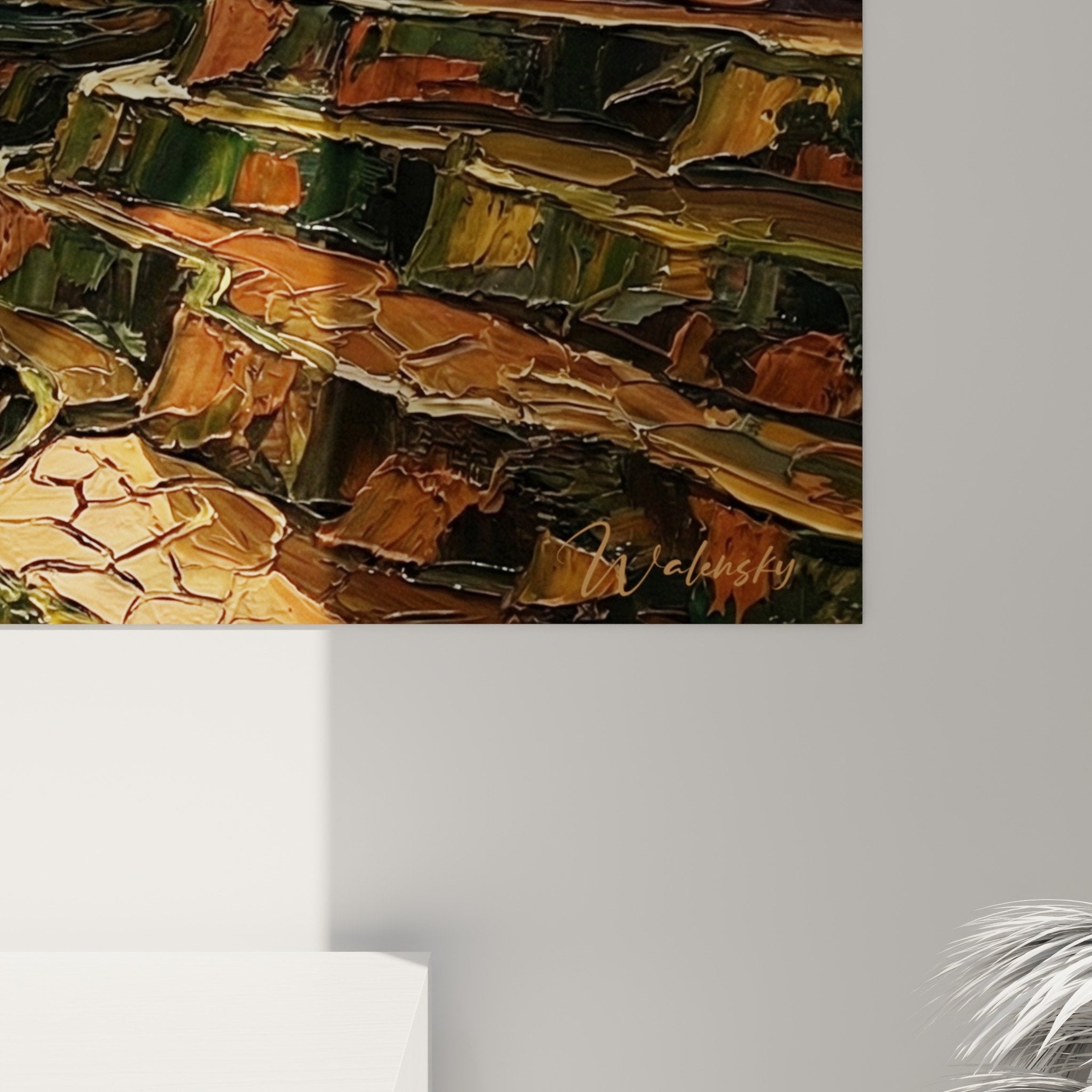 Vue ensemble tableau rizières terrasses dorées décoration murale paysage agricole art contemporain relief