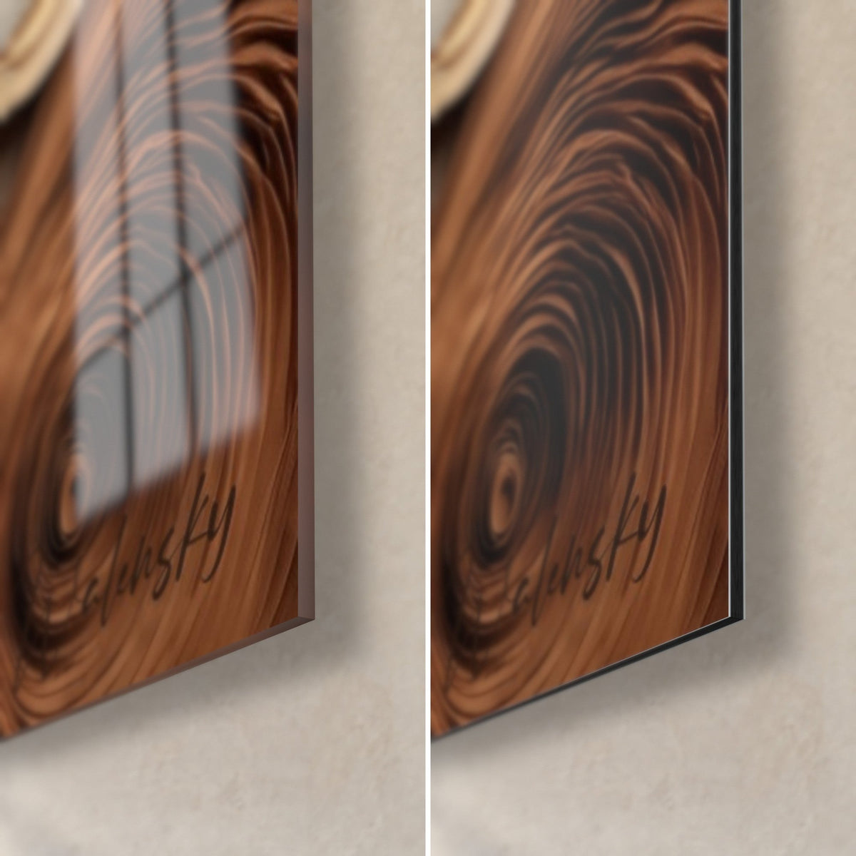 Schilderij houten schijven met fijne aderen in karamel en bruin, rechtsonder in beeld, glanzend acrylglas en mat Dibond, 3 mm dik