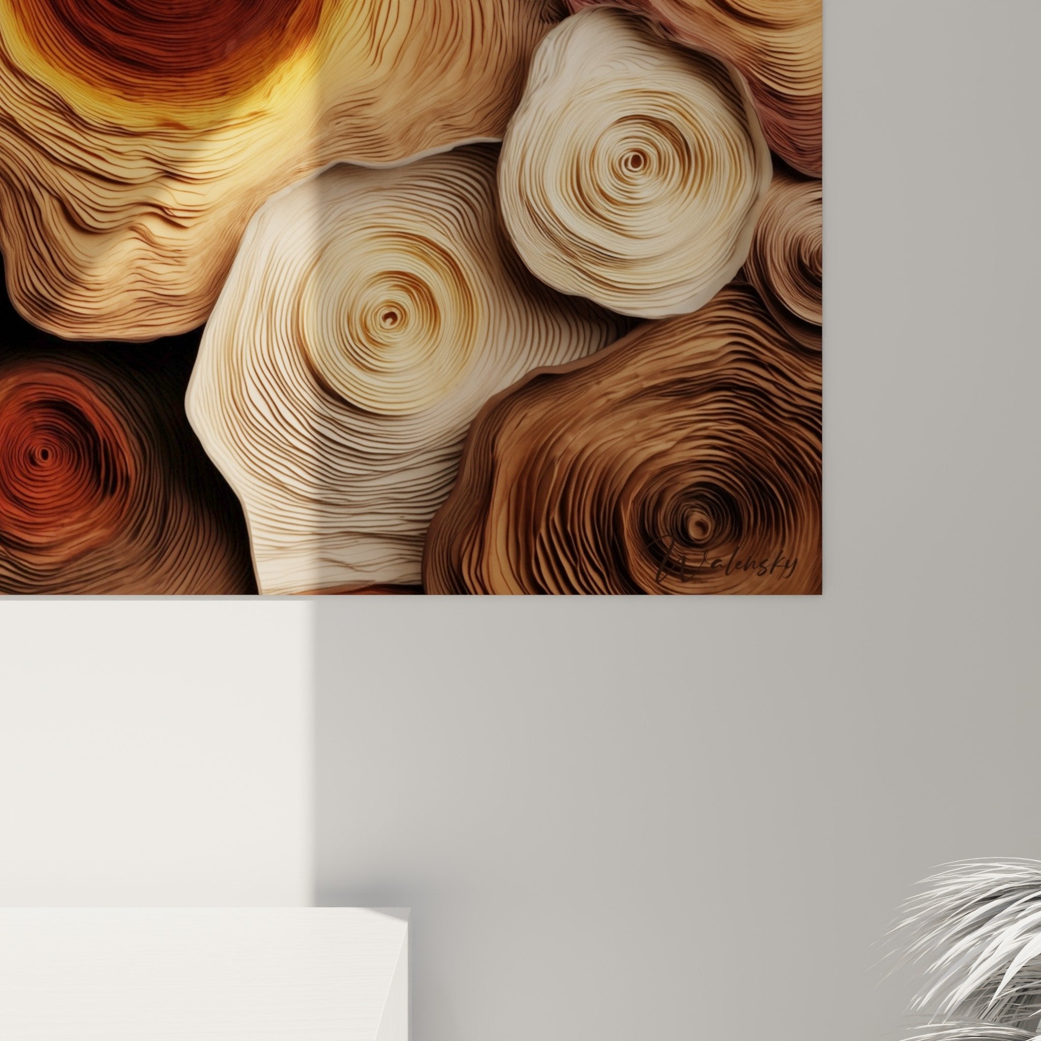 Wooden rings wall art set organic composition natural earth tones feng shui