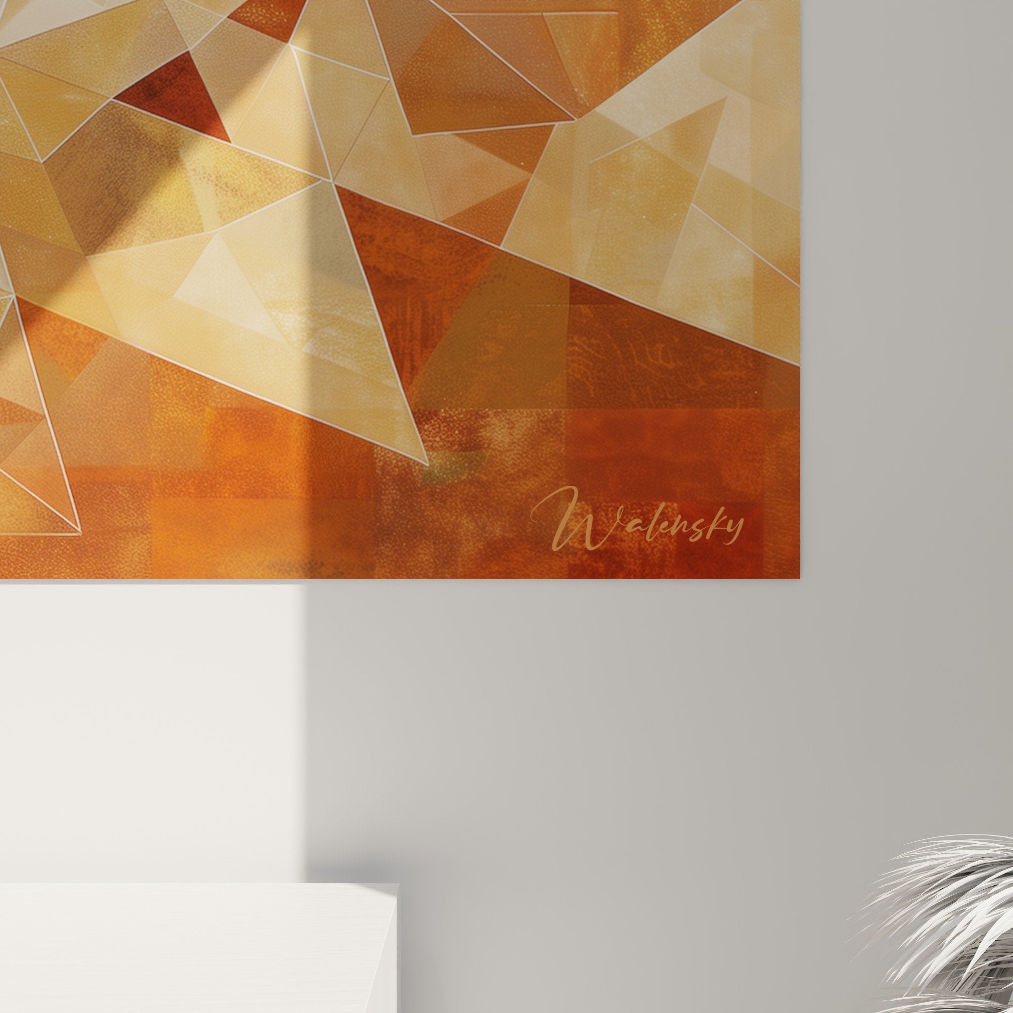 Vue ensemble tableau rosace art islamique decoration salon moderne tons oranges dores