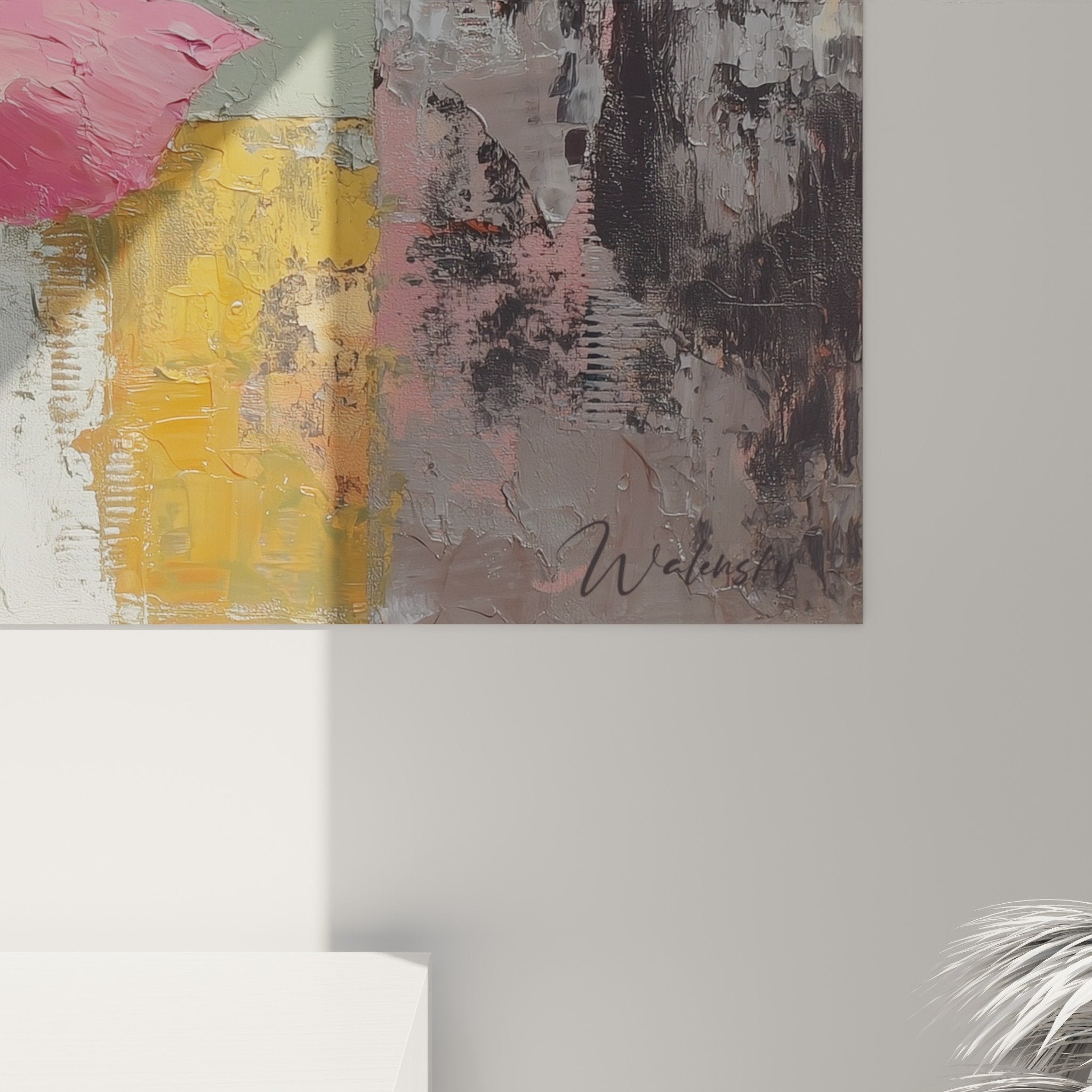 Vue ensemble tableau rose corail fond texture beige vert gris feng shui sud-ouest terre salon