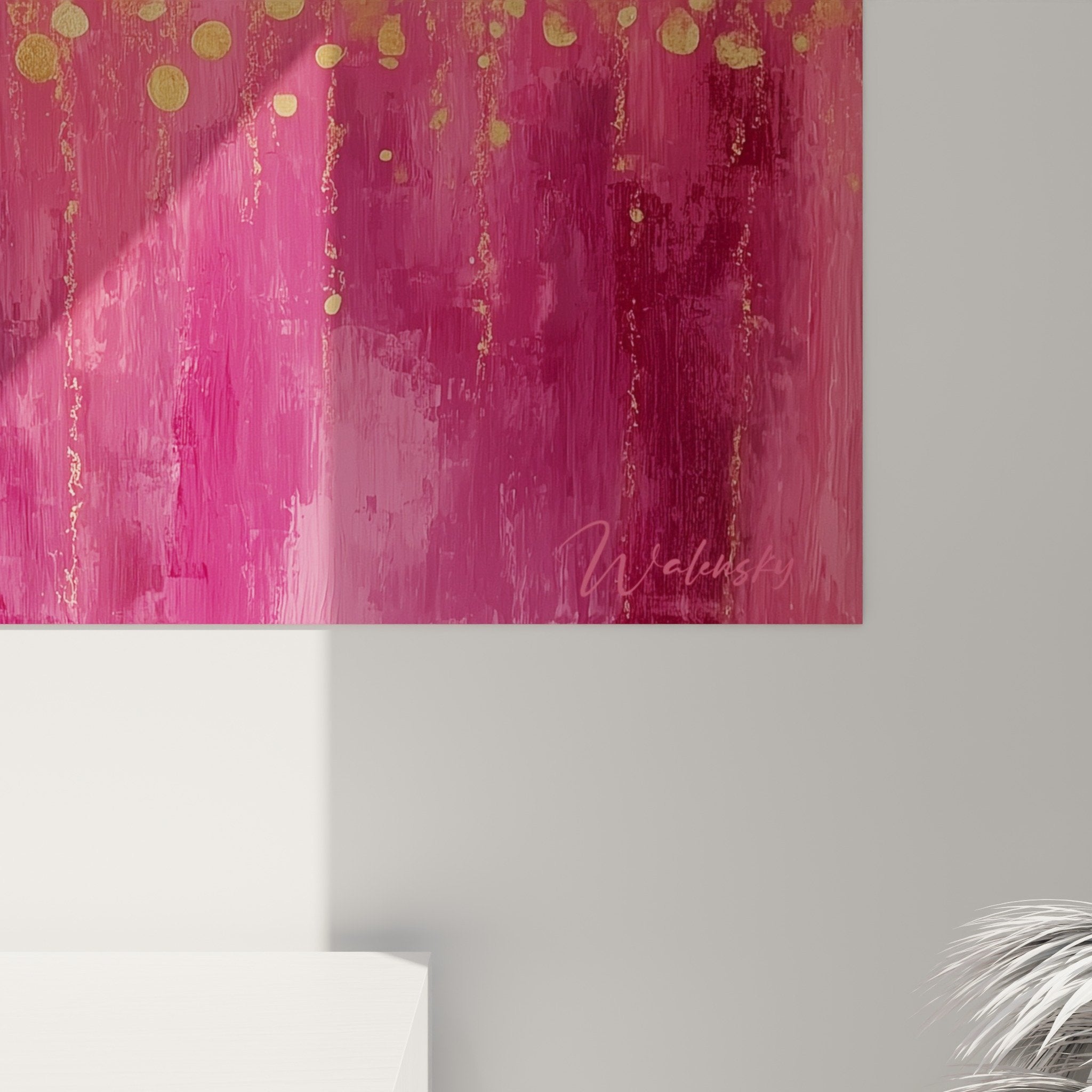 Vue ensemble tableau abstrait rose magenta degrade beige points or feng shui sud ouest