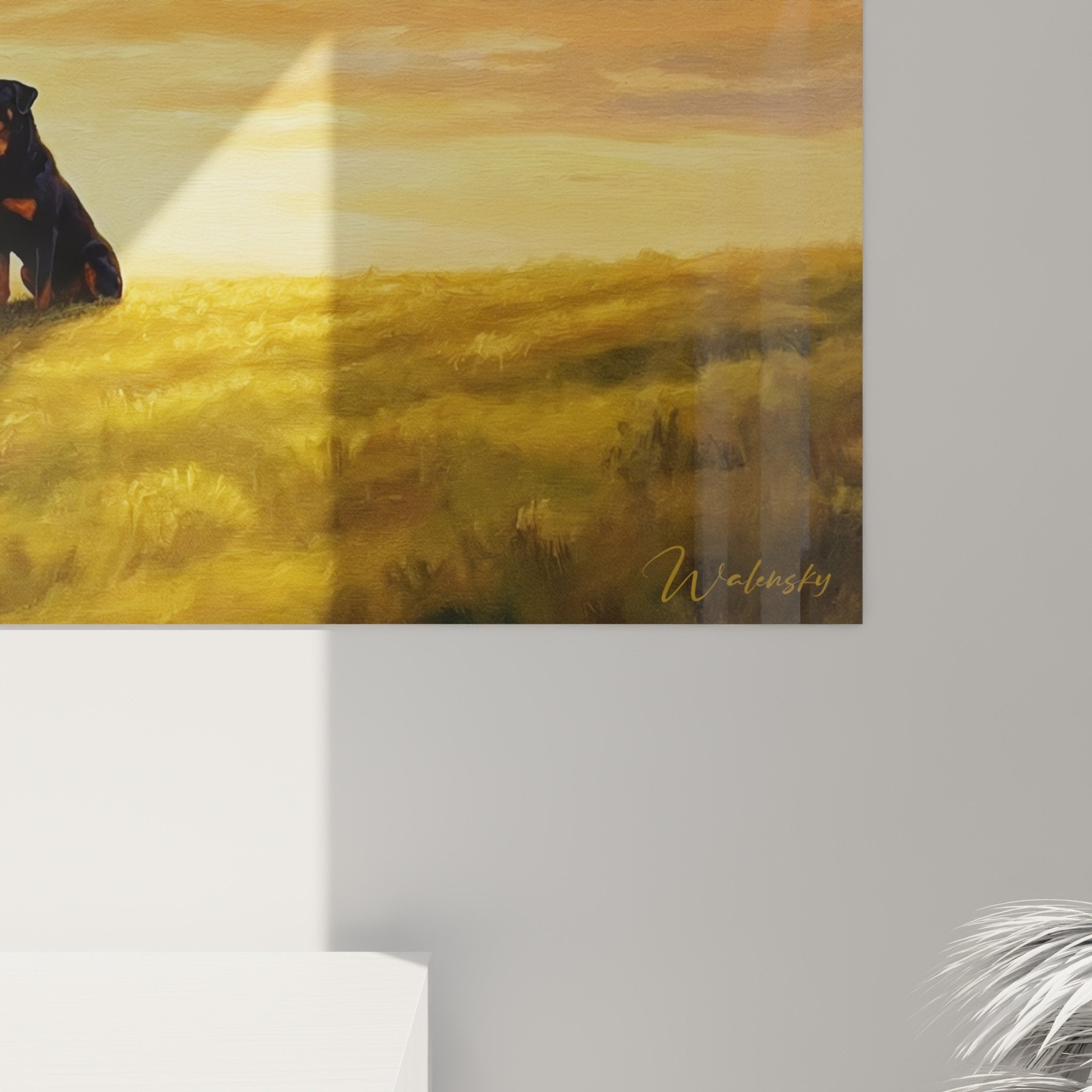 Vue ensemble tableau Rottweiler contemplation coucher soleil collines format panoramique déco