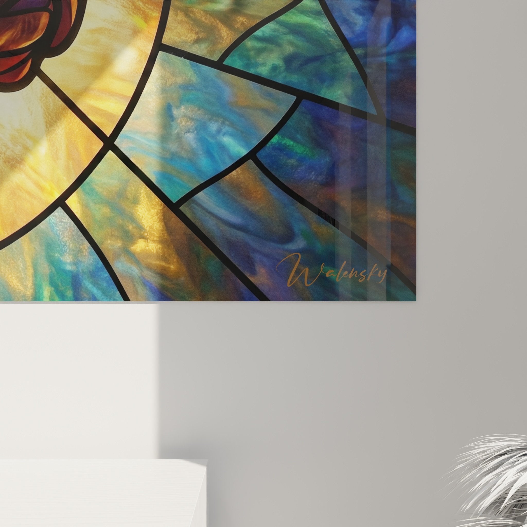 Gesamtansicht Rottweiler Wandgemälde zeitgenössische Kunst Buntglas lebhafte Farben moderne Dekoration