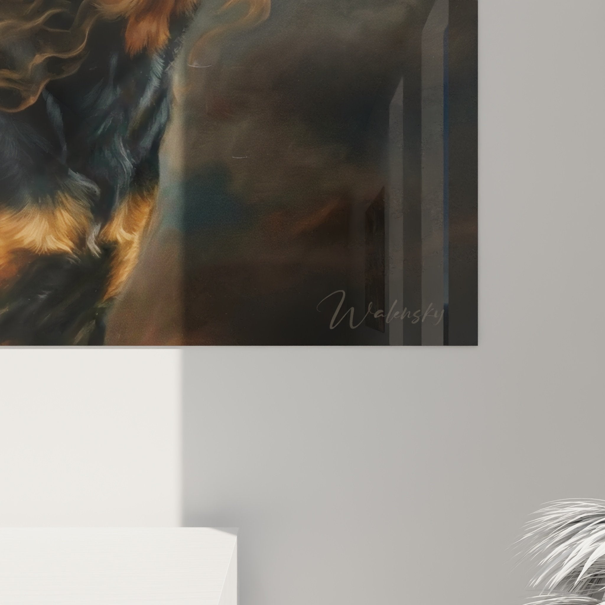 Vue ensemble tableau Rottweiler mystique fumées colorées décoration murale sophistiquée art contemporain