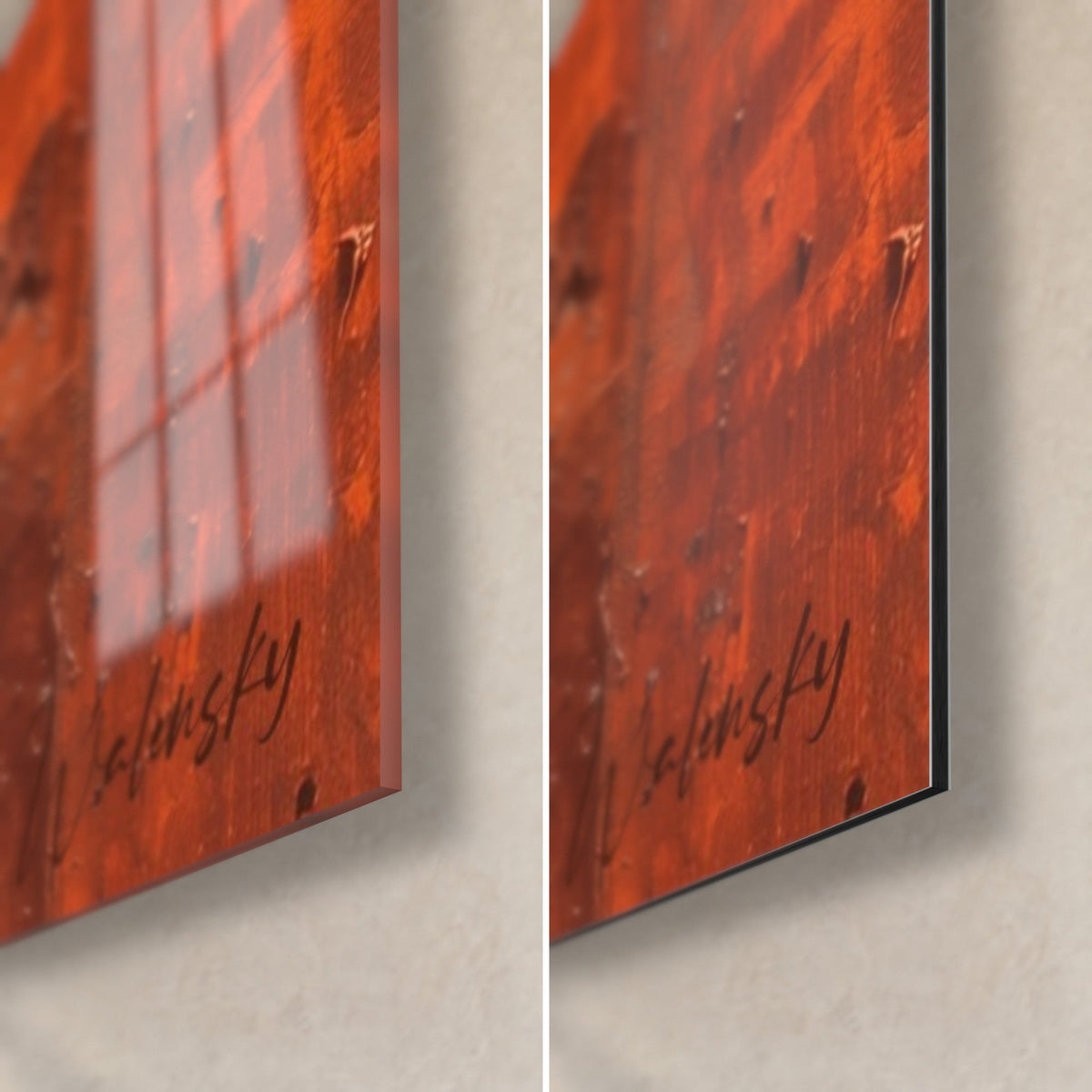 Wall art of weathered burnt orange wood with raised splinters, bottom right corner, glossy glass and matte Dibond, 3 mm thick