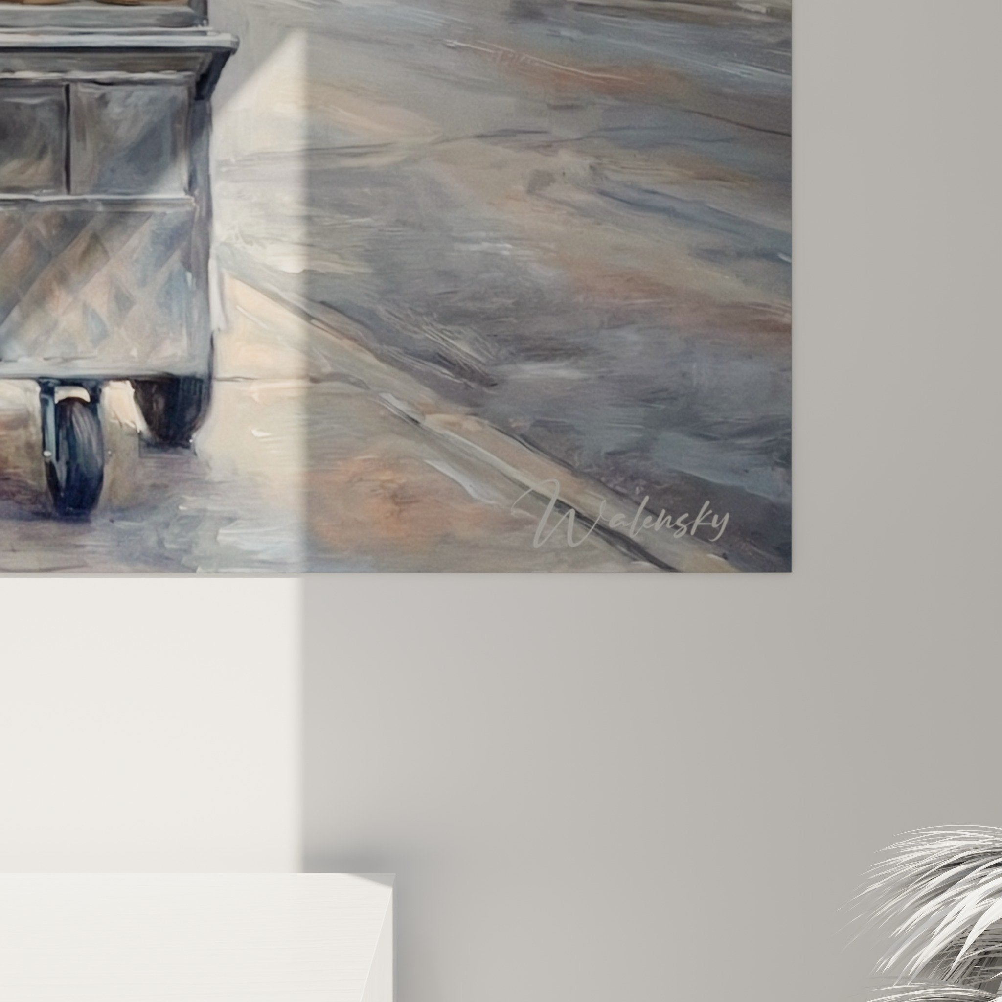 Vue d'ensemble tableau rue pavée vendeur Manhattan décoration murale tons ocre gris rouge brique