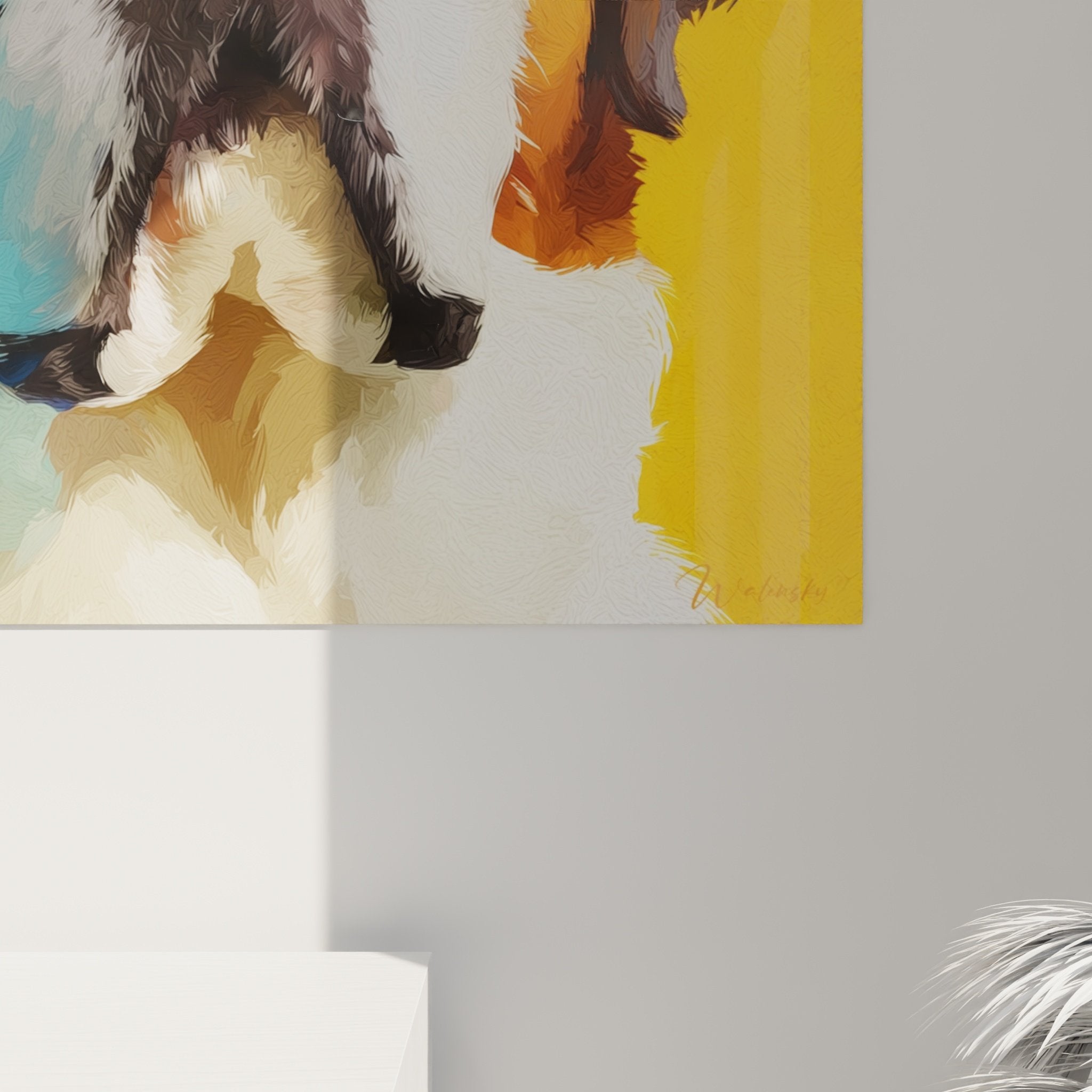Gesamtansicht St. Bernhard Wandbild Innendekoration gelber Hintergrund zeitgenössische Kunsthund