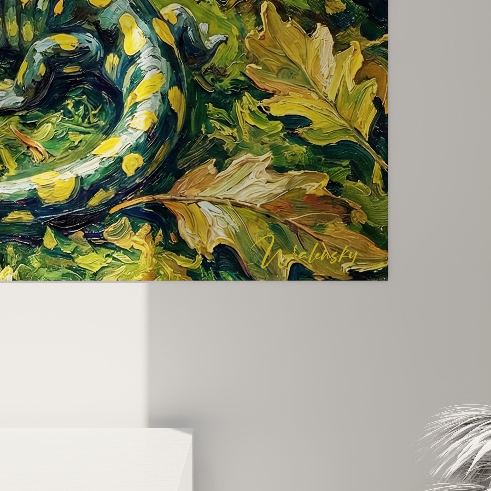 Gesamtansicht Salamander-Kunstdruck Wald Innenraumdekoration natürlicher Stil grün Gold Wandkunst Natur